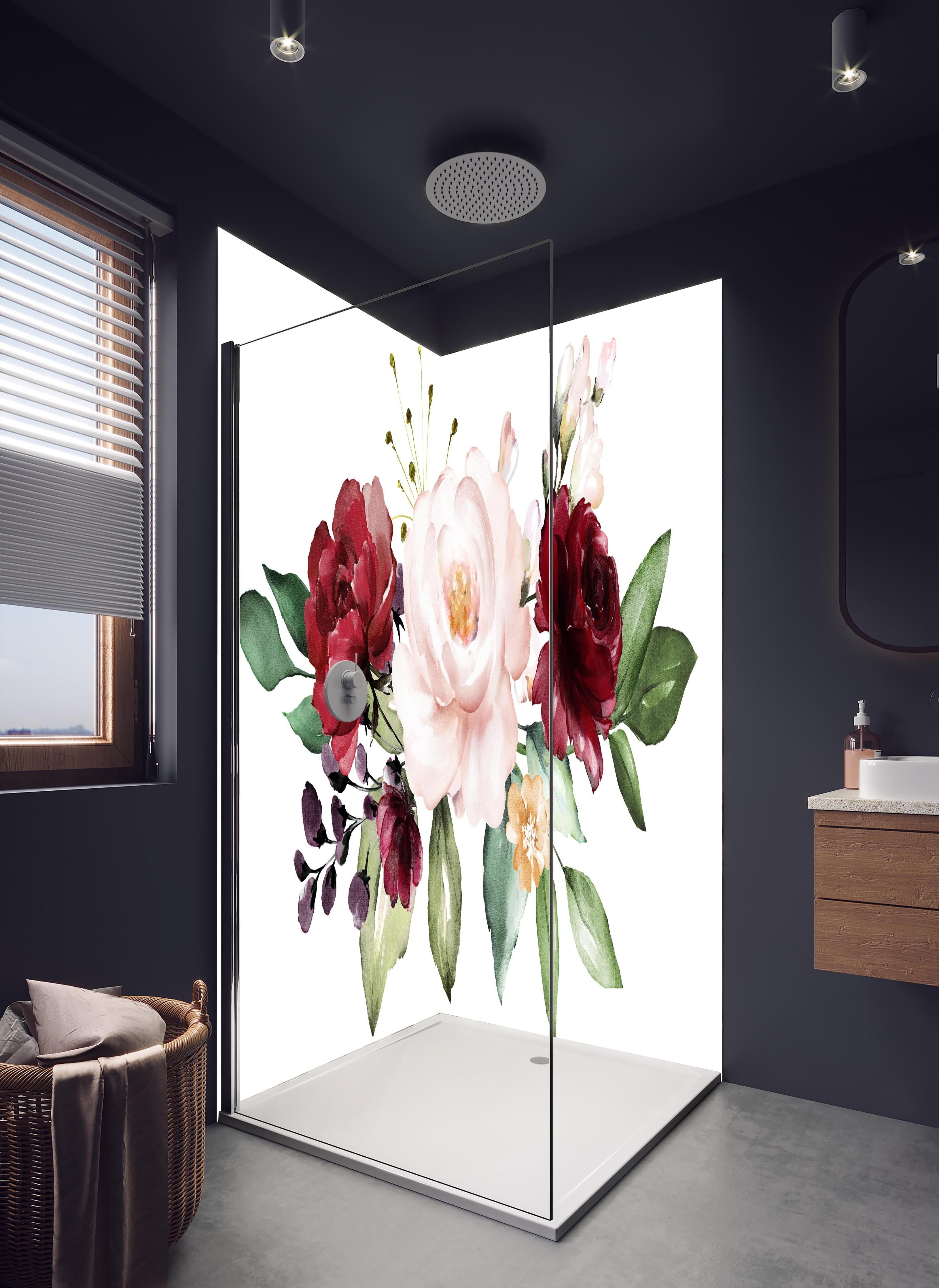 Duschrückwand - Aquarell bordeauxfarbene Blumen in hellem Badezimmer mit Regenduschkopf - zweiteilige Eck-Duschrückwand