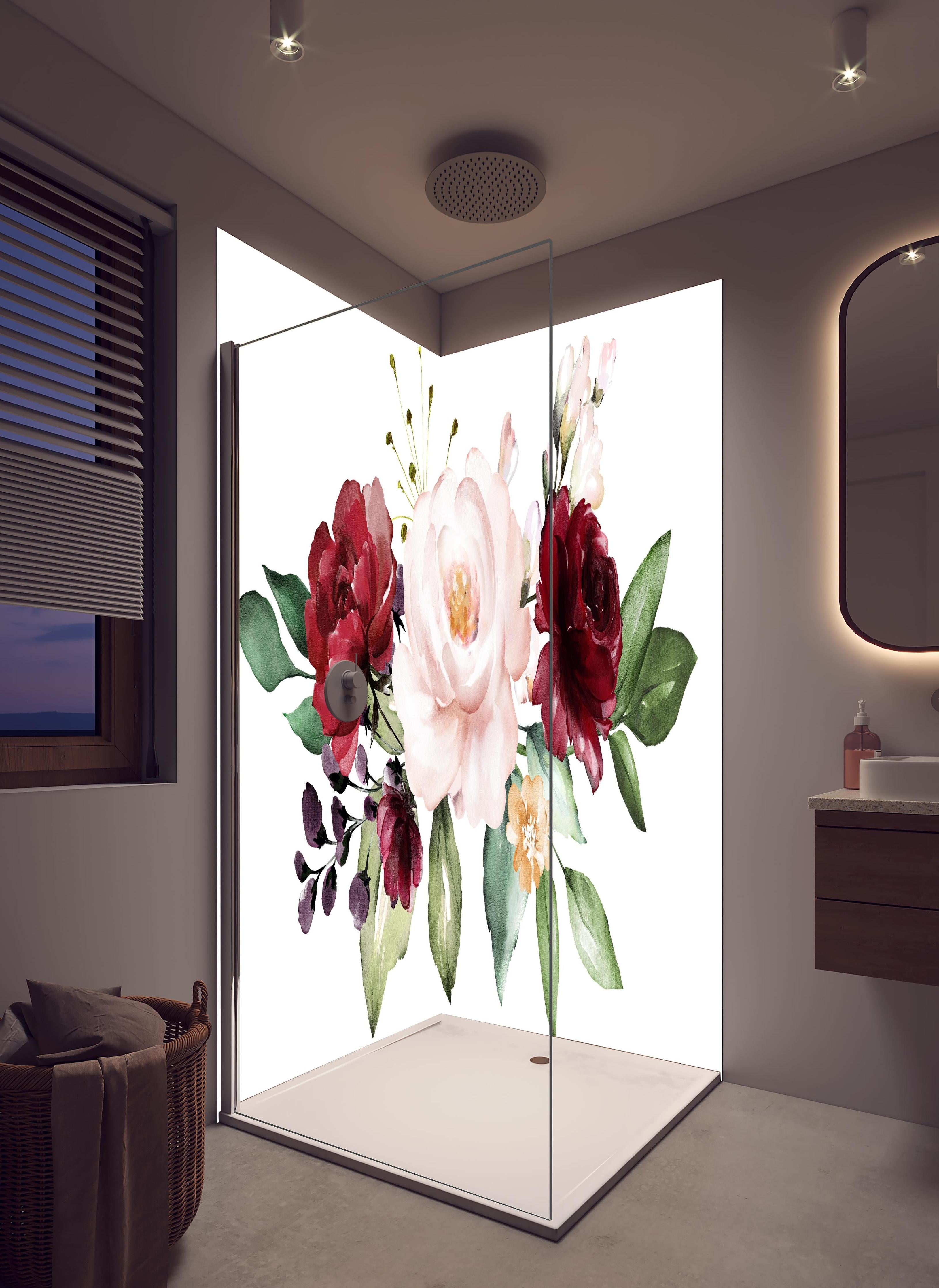 Duschrückwand - Aquarell bordeauxfarbene Blumen in hellem Badezimmer mit Regenduschkopf - zweiteilige Eck-Duschrückwand