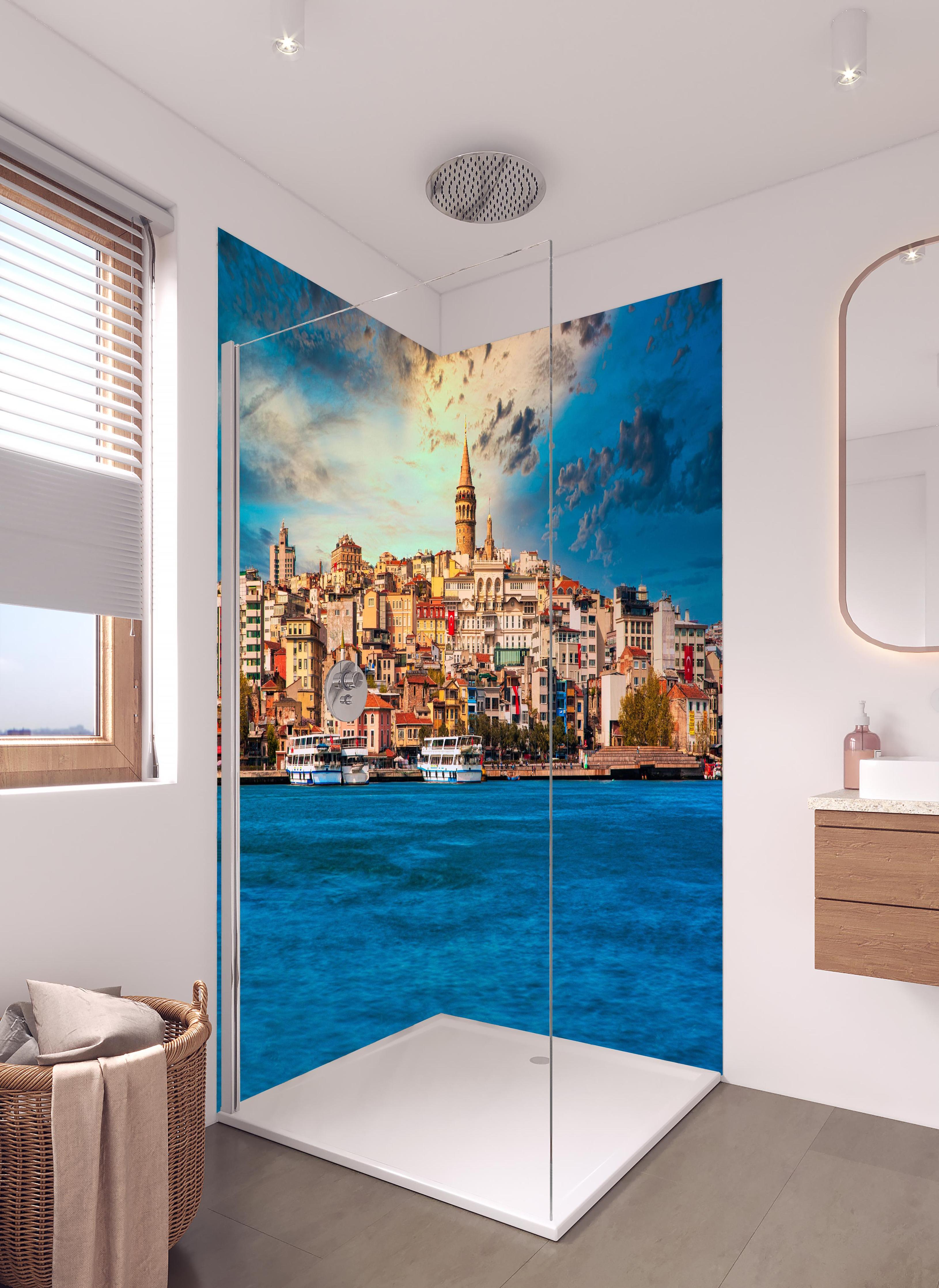 Duschrückwand - Ausblick auf Galata vom Wasser in hellem Badezimmer mit Regenduschkopf - zweiteilige Eck-Duschrückwand