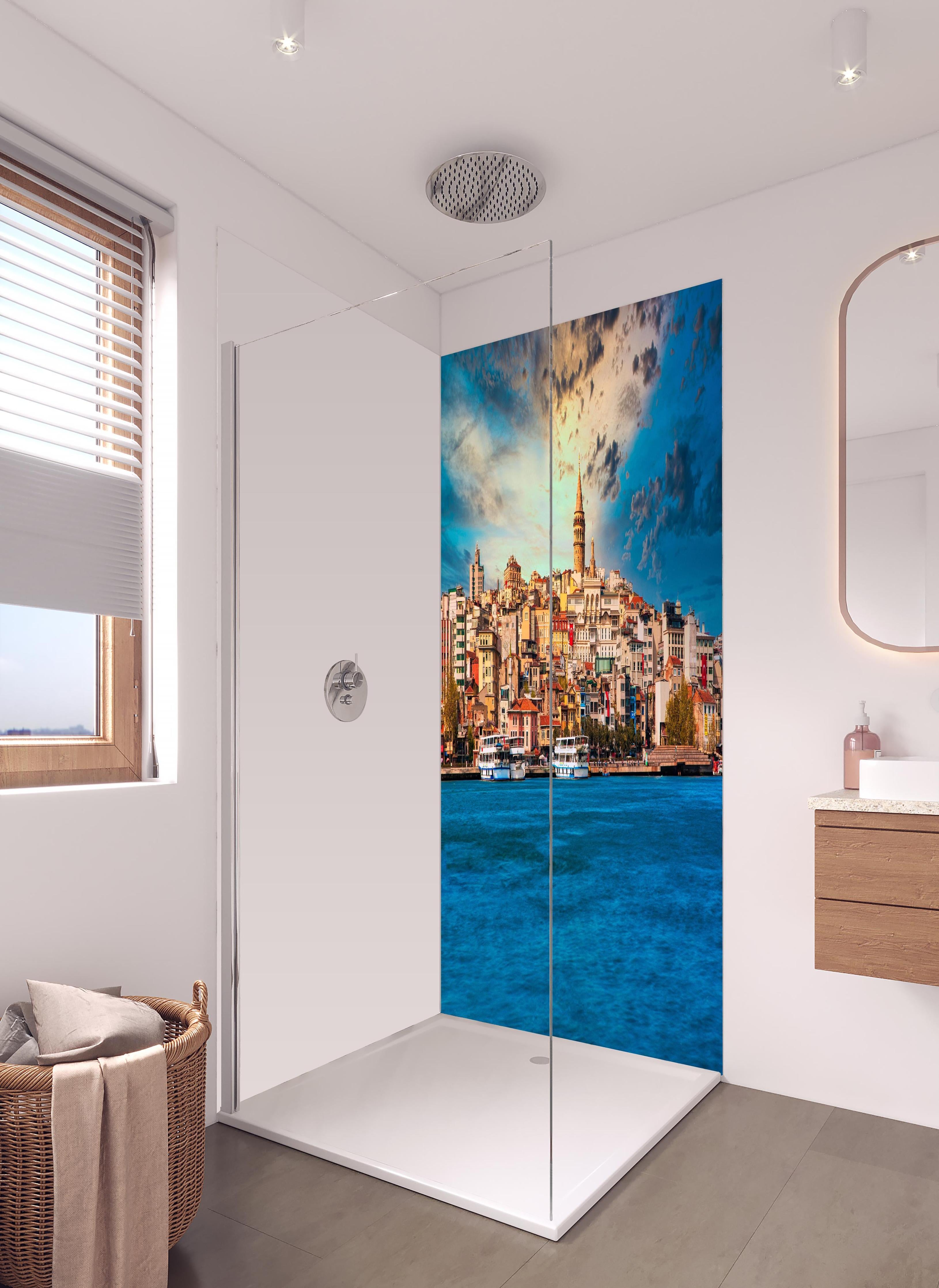 Duschrückwand - Ausblick auf Galata vom Wasser in hellem Badezimmer mit Regenduschkopf - zweiteilige Eck-Duschrückwand