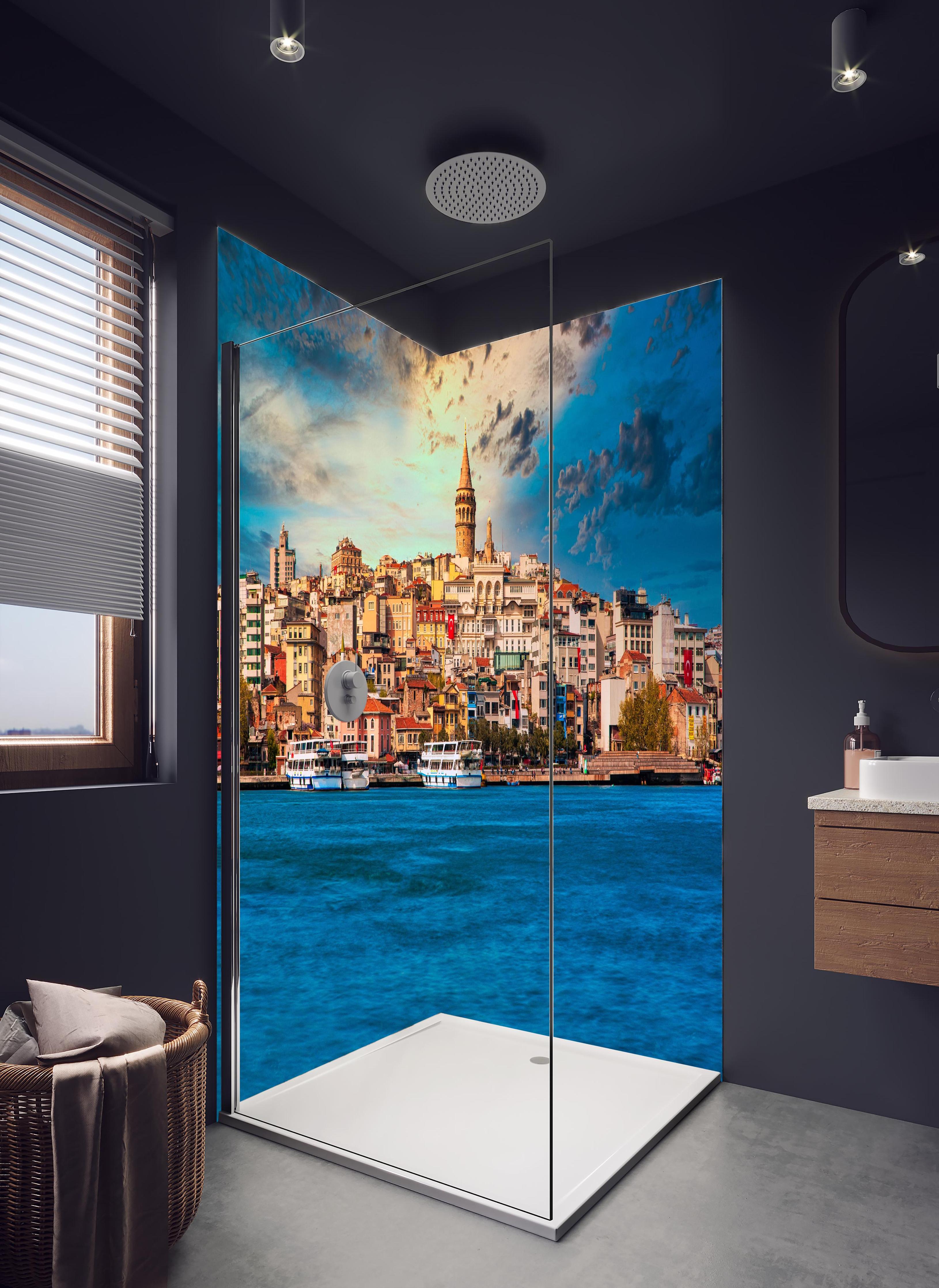 Duschrückwand - Ausblick auf Galata vom Wasser in hellem Badezimmer mit Regenduschkopf - zweiteilige Eck-Duschrückwand