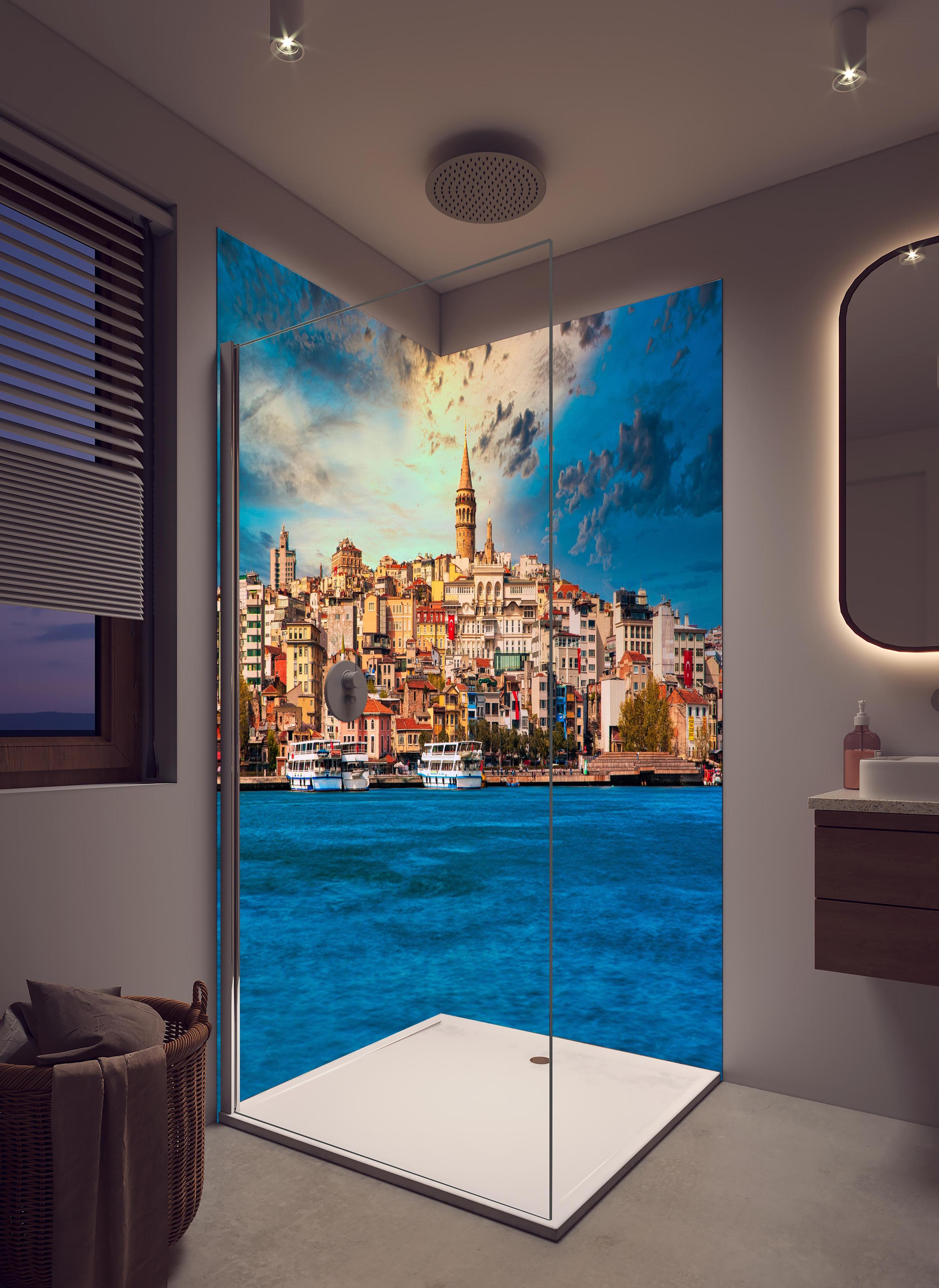 Duschrückwand - Ausblick auf Galata vom Wasser in hellem Badezimmer mit Regenduschkopf - zweiteilige Eck-Duschrückwand