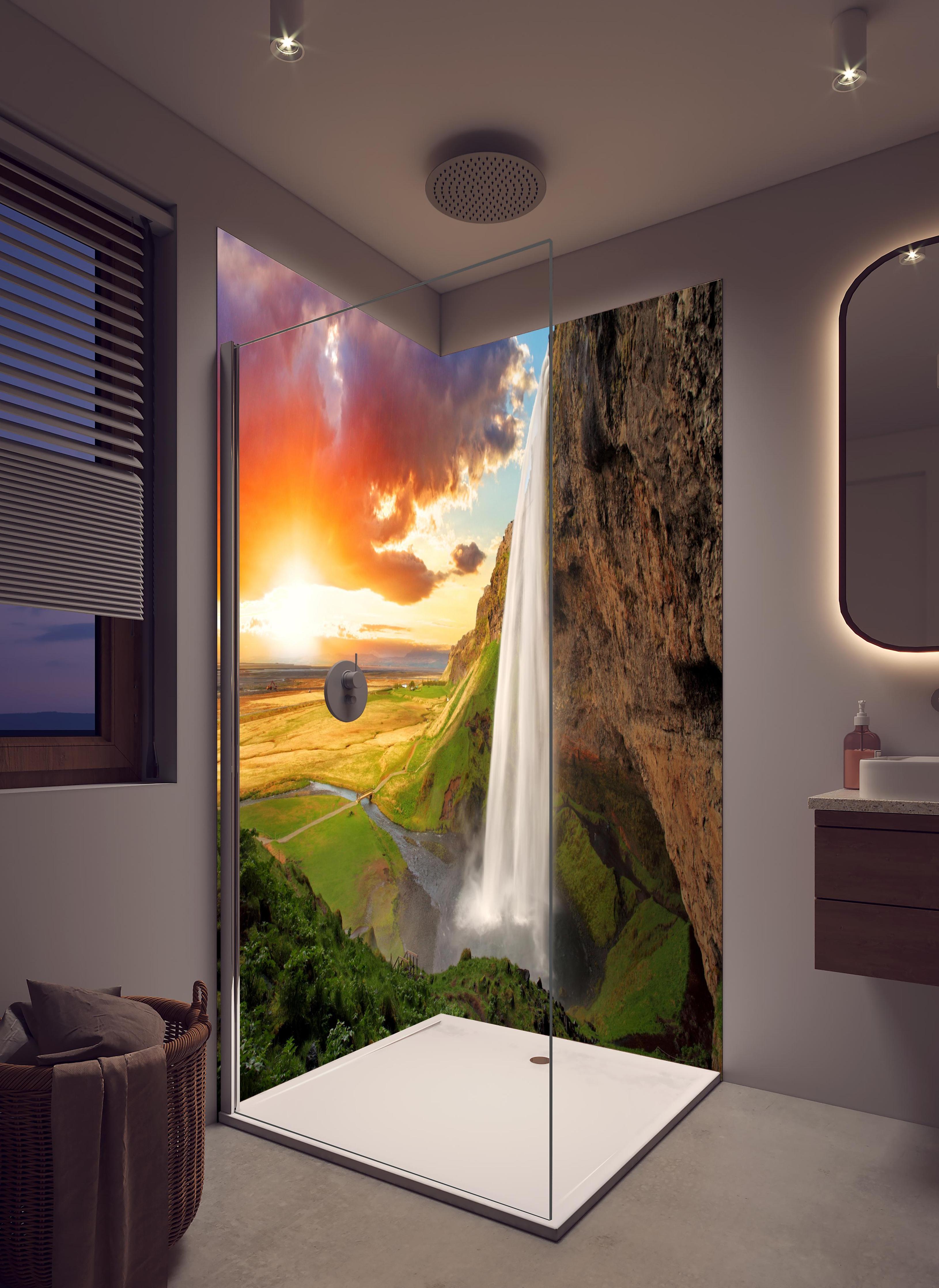 Duschrückwand - Seljalandsfoss Wasserfall bei Sonnenuntergang in hellem Badezimmer mit Regenduschkopf - zweiteilige Eck-Duschrückwand