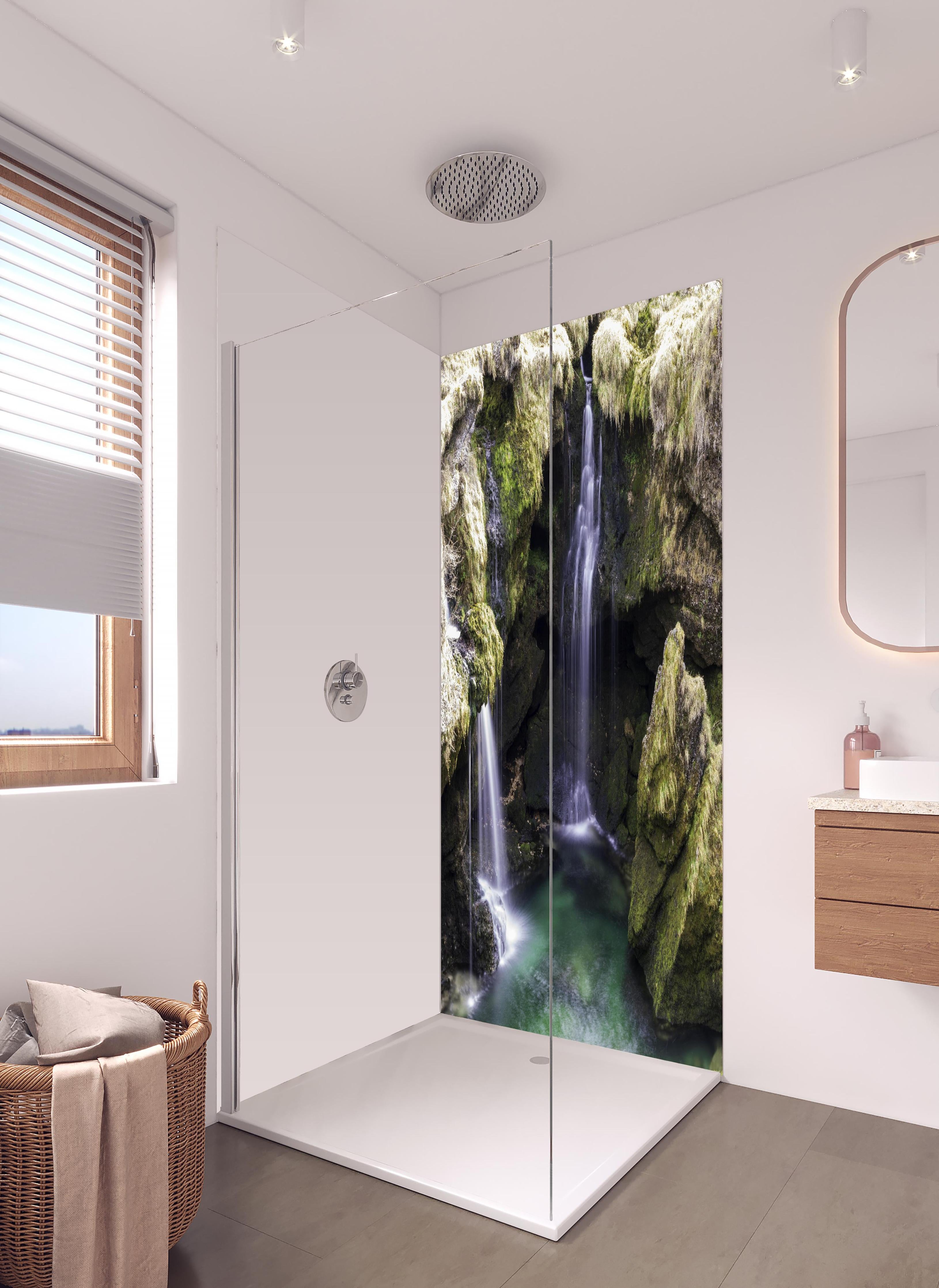 Duschrückwand - harmonische Traunfall Wasserfälle in hellem Badezimmer mit Regenduschkopf - zweiteilige Eck-Duschrückwand