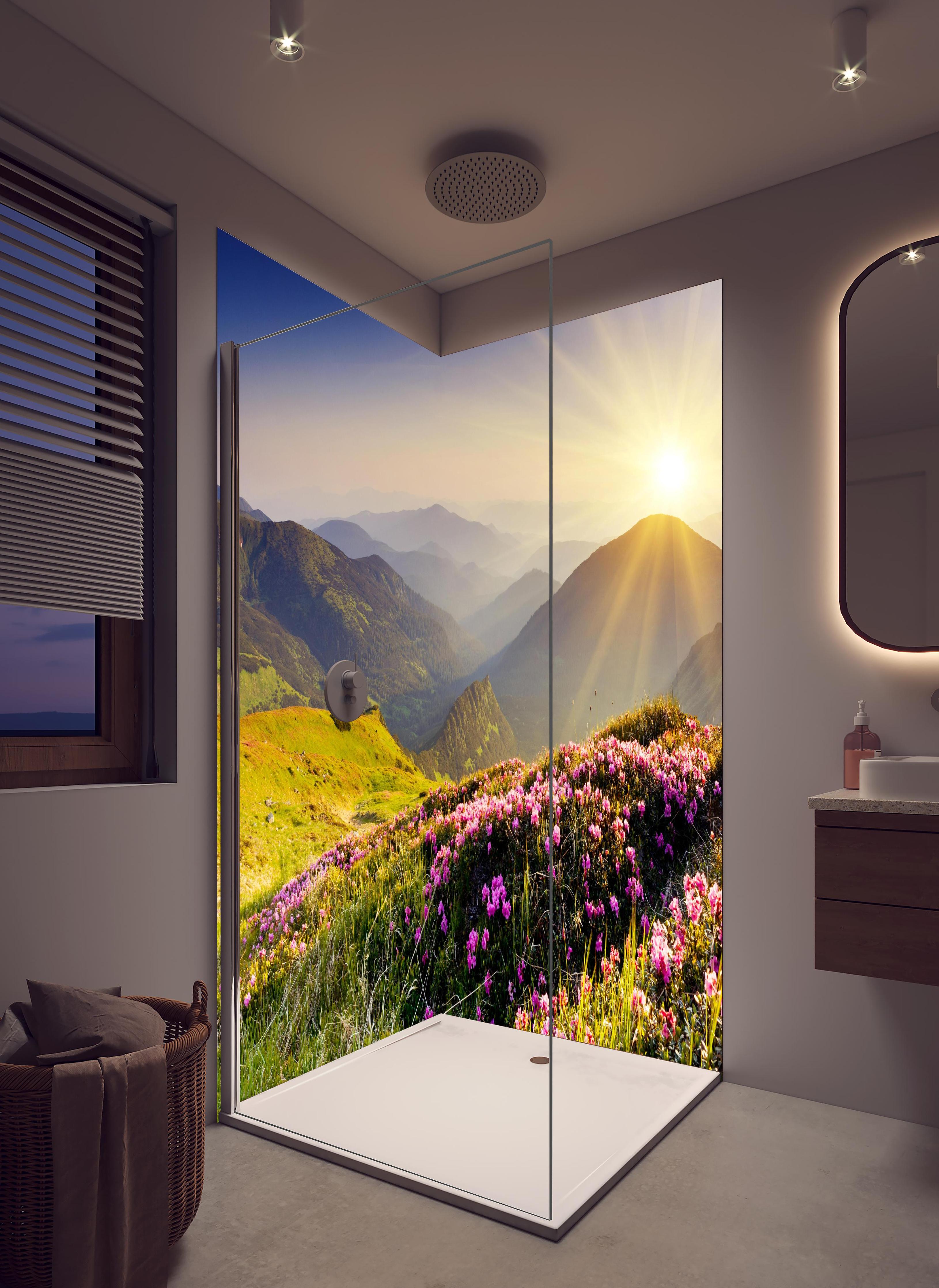 Duschrückwand - ruhige Berglandschaft in der Schweiz in hellem Badezimmer mit Regenduschkopf - zweiteilige Eck-Duschrückwand