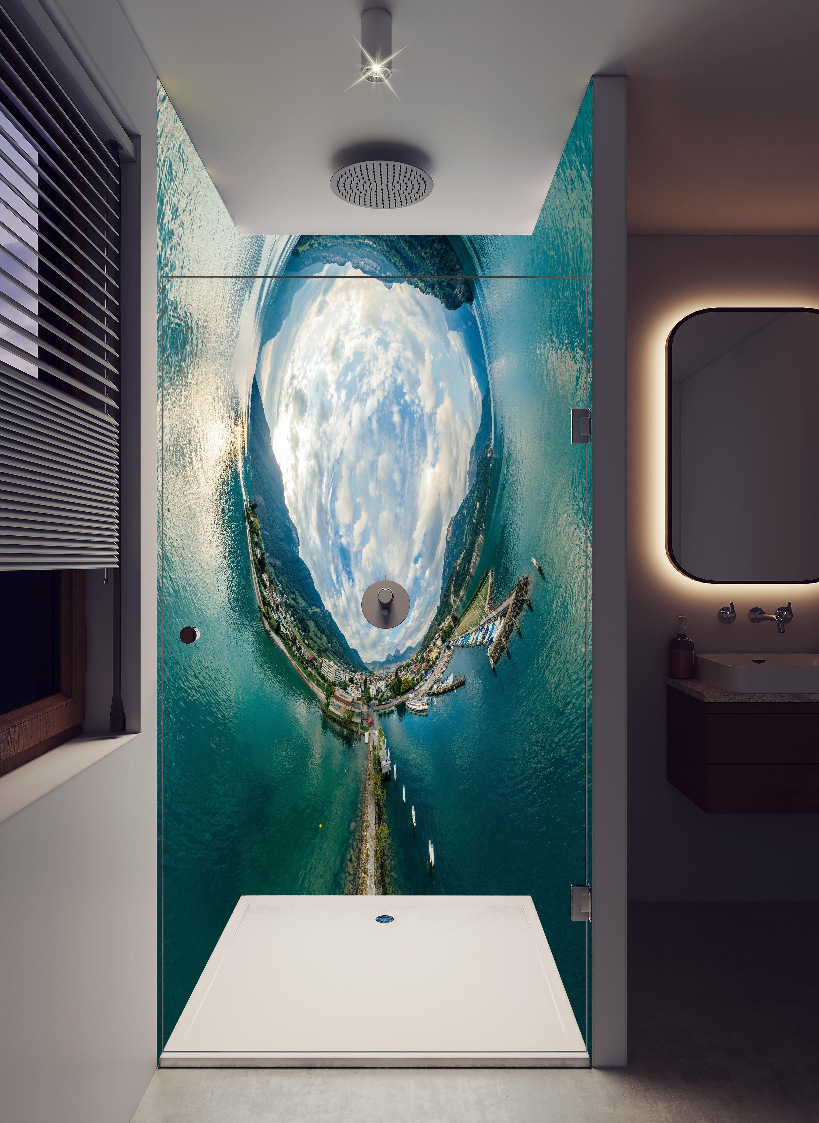 Duschrückwand - 360° VR Drone Panorama Bergsee Schweiz in hellem Badezimmer mit Regenduschkopf - zweiteilige Eck-Duschrückwand