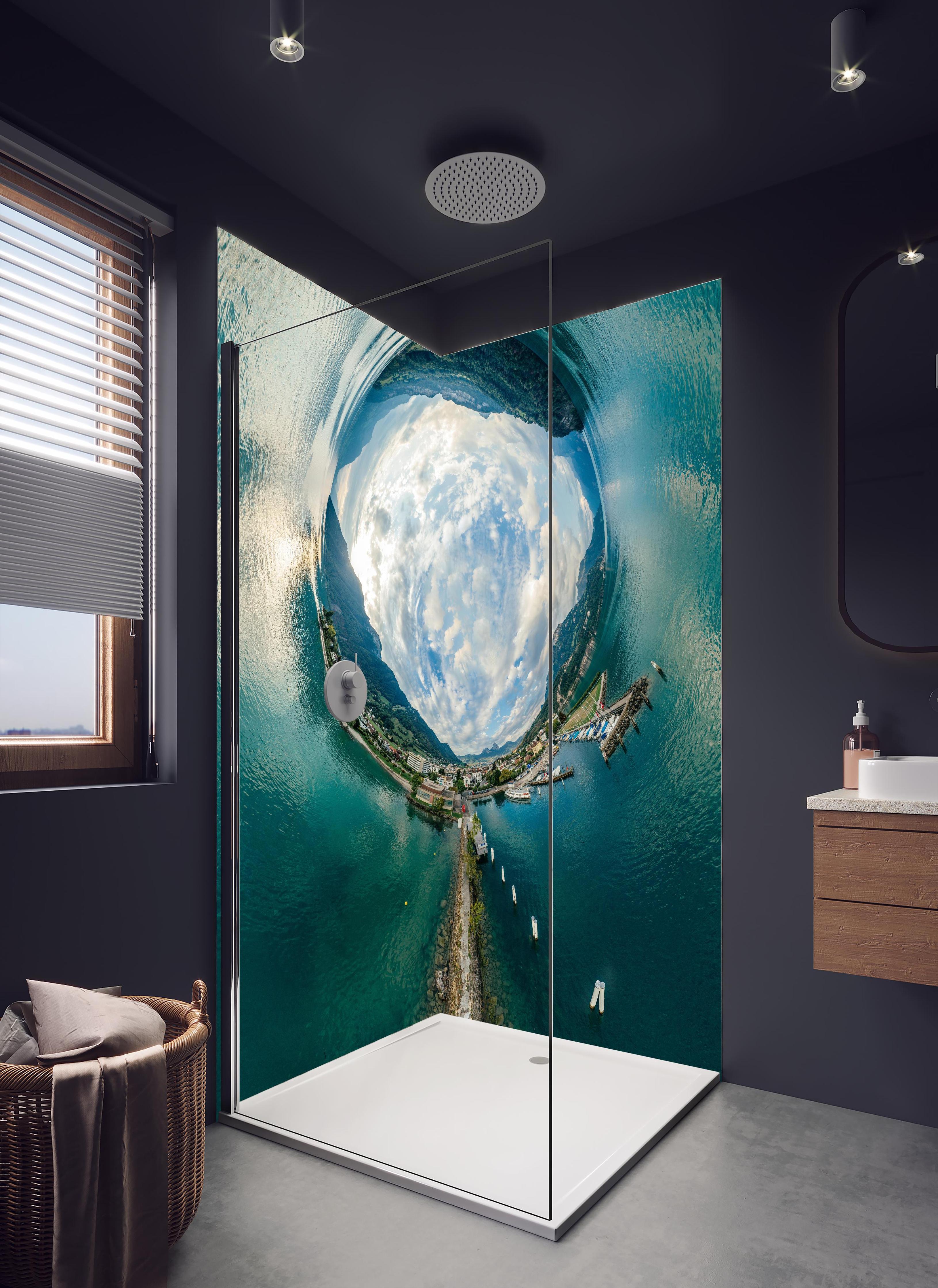Duschrückwand - 360° VR Drone Panorama Bergsee Schweiz in hellem Badezimmer mit Regenduschkopf - zweiteilige Eck-Duschrückwand