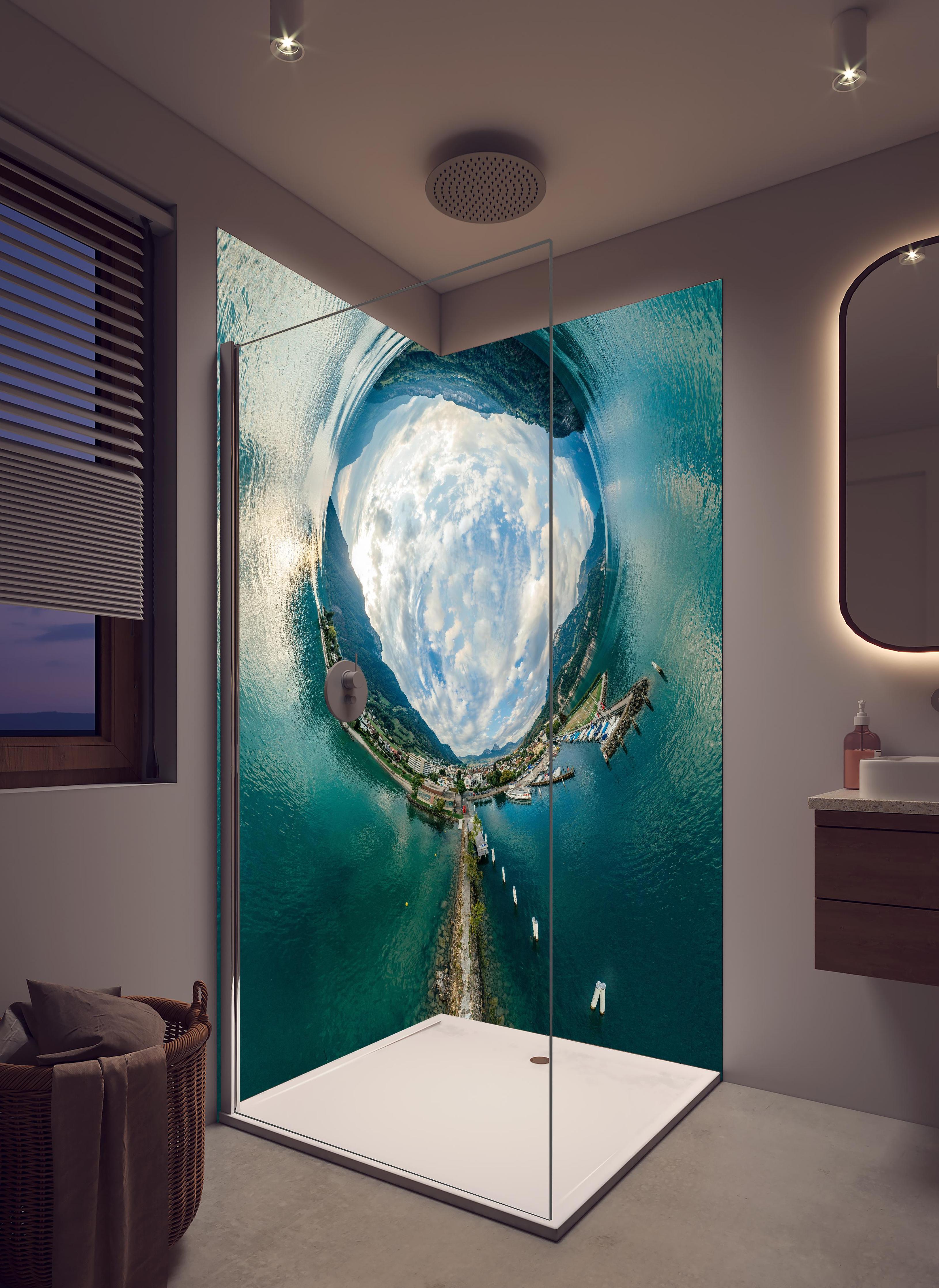 Duschrückwand - 360° VR Drone Panorama Bergsee Schweiz in hellem Badezimmer mit Regenduschkopf - zweiteilige Eck-Duschrückwand