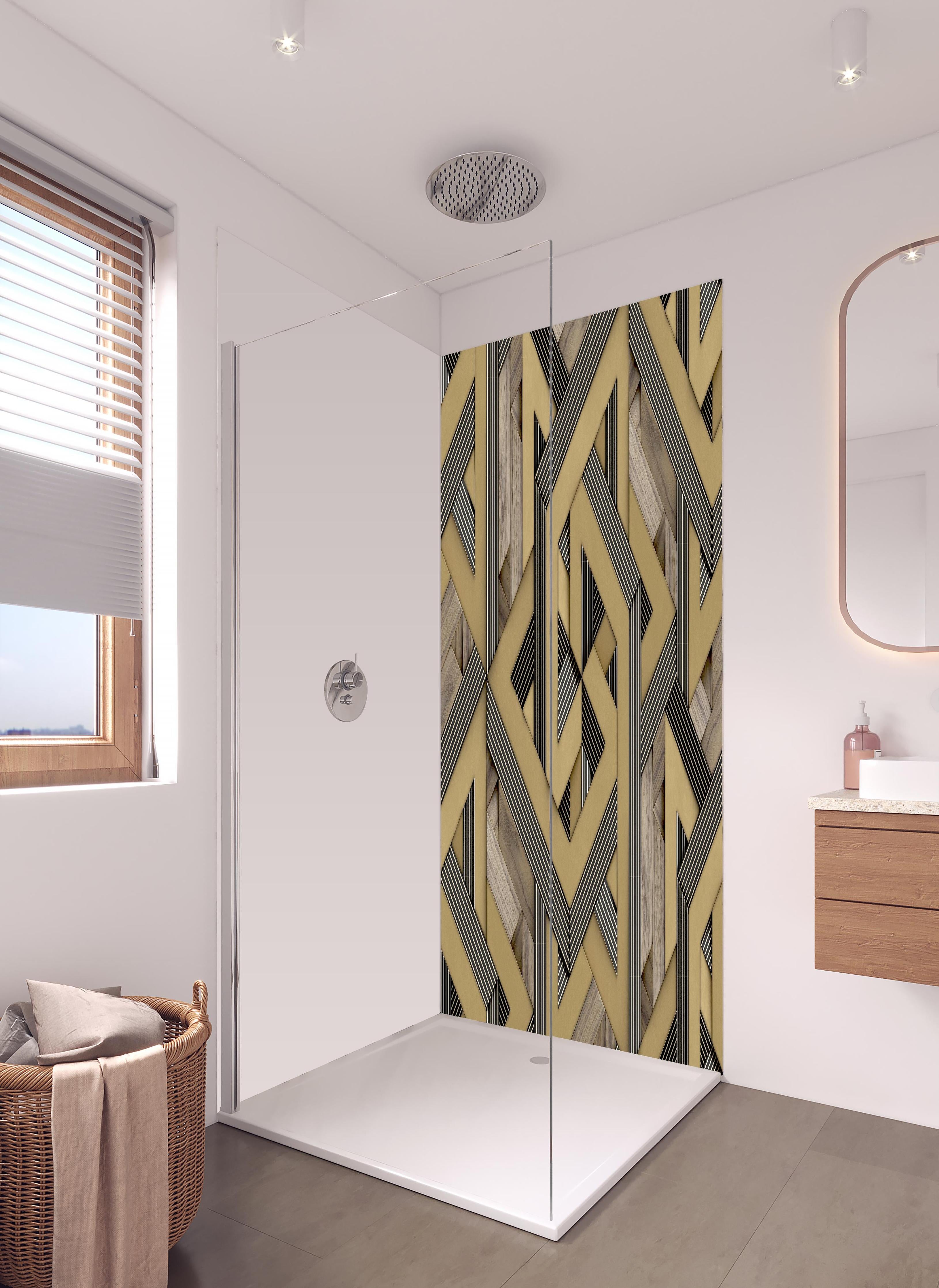 Duschrückwand - 3D- Tapeten Muster - Mosaik in hellem Badezimmer mit Regenduschkopf - zweiteilige Eck-Duschrückwand