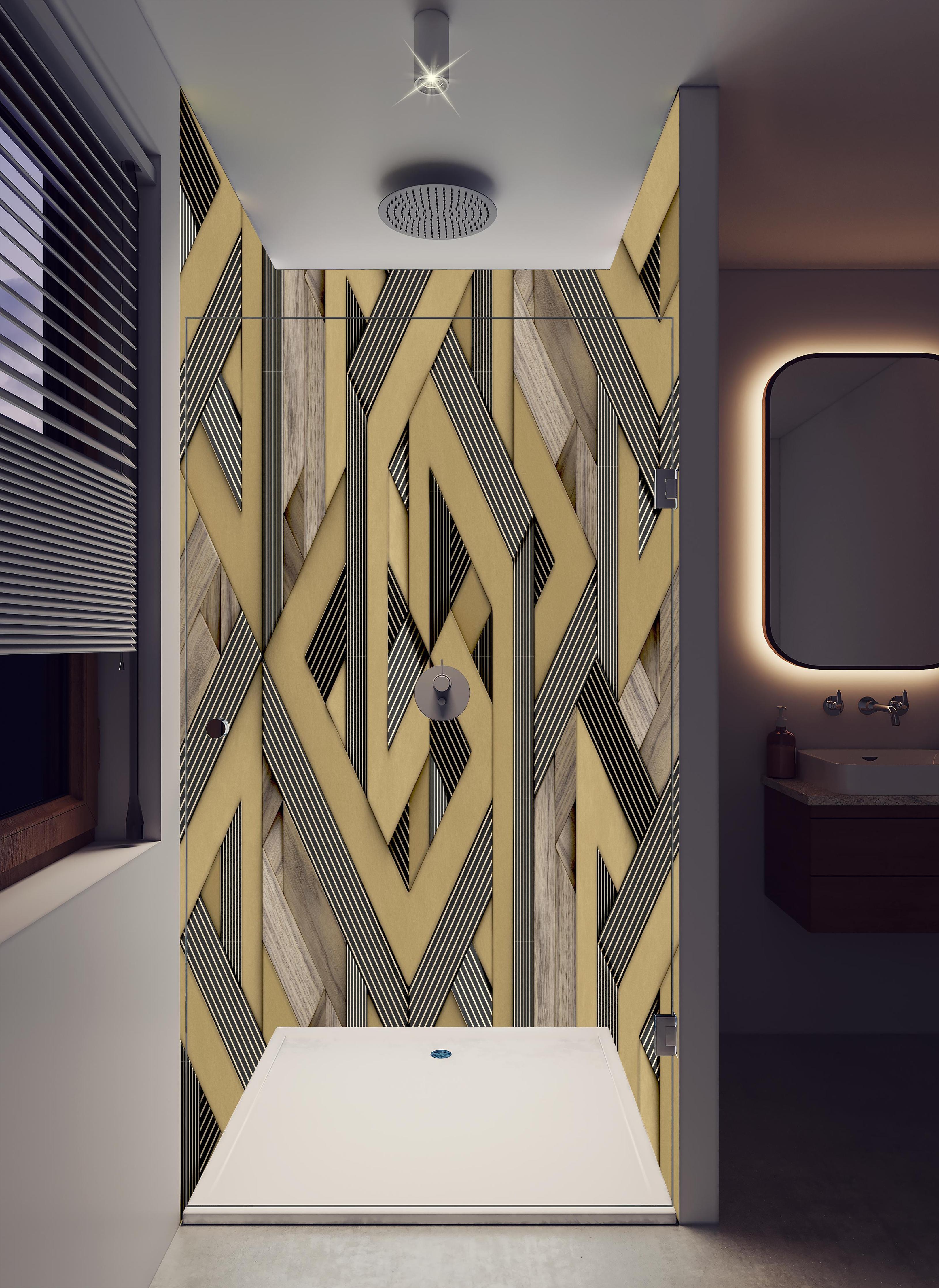 Duschrückwand - 3D- Tapeten Muster - Mosaik in hellem Badezimmer mit Regenduschkopf - zweiteilige Eck-Duschrückwand