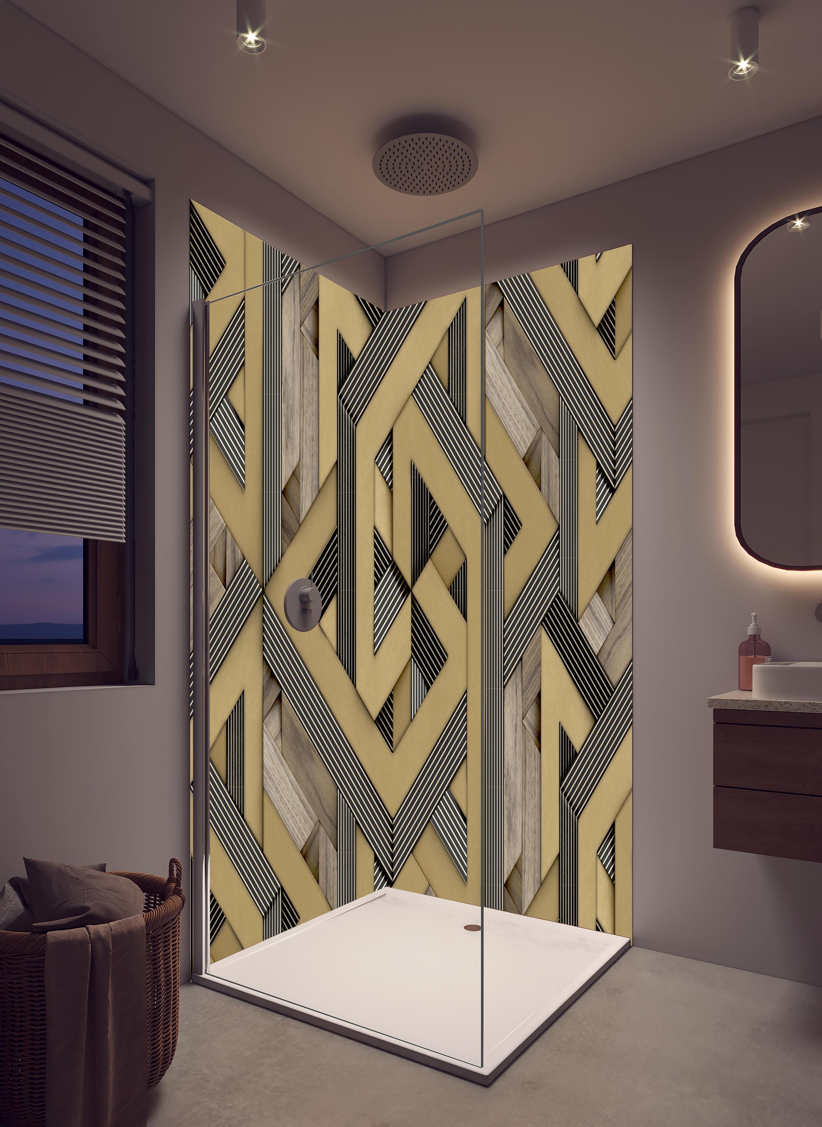 Duschrückwand - 3D- Tapeten Muster - Mosaik in hellem Badezimmer mit Regenduschkopf - zweiteilige Eck-Duschrückwand