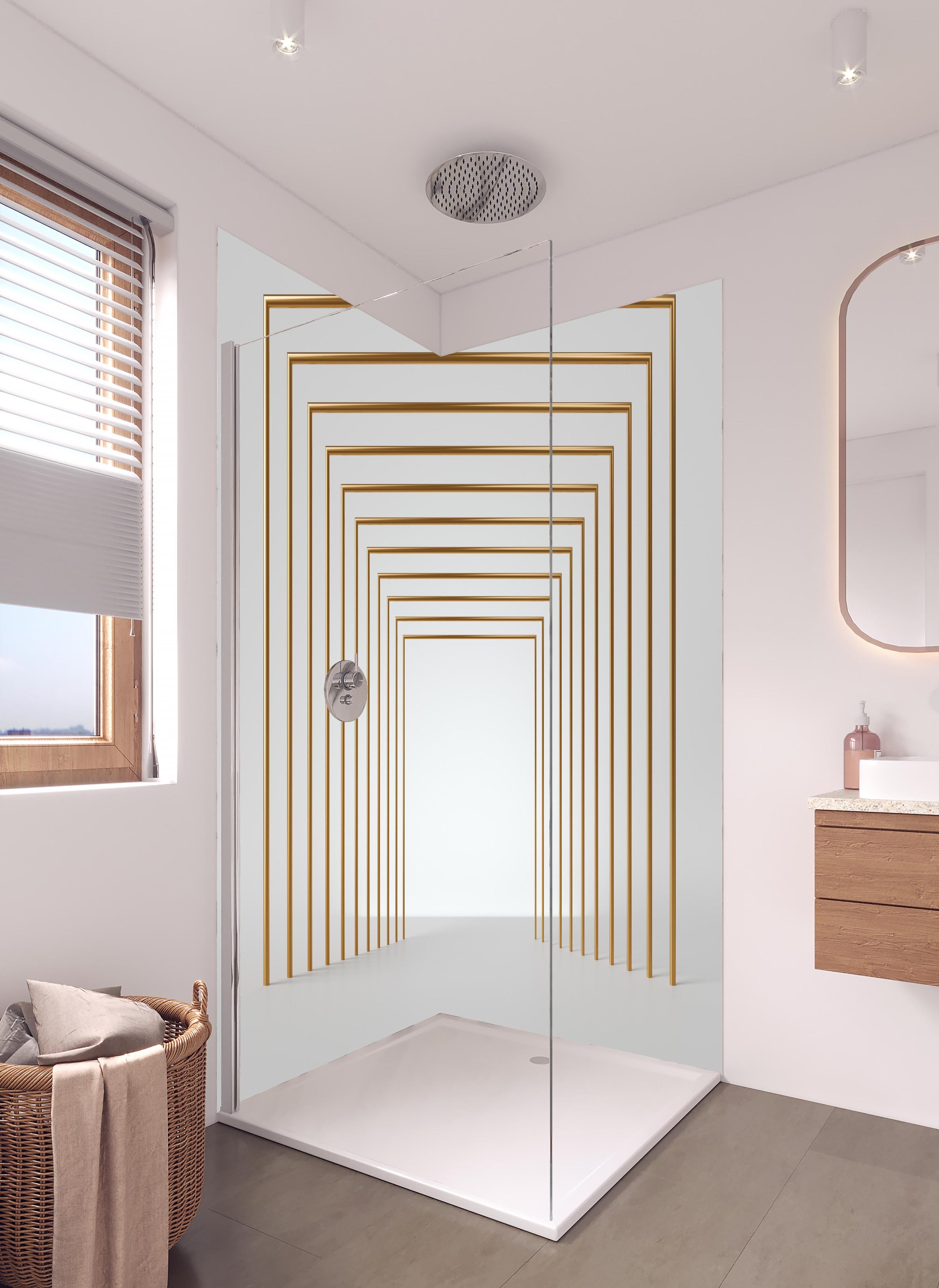 Duschrückwand - 3D-Design eines Tunnels mit vergoldeten Stangen in hellem Badezimmer mit Regenduschkopf - zweiteilige Eck-Duschrückwand