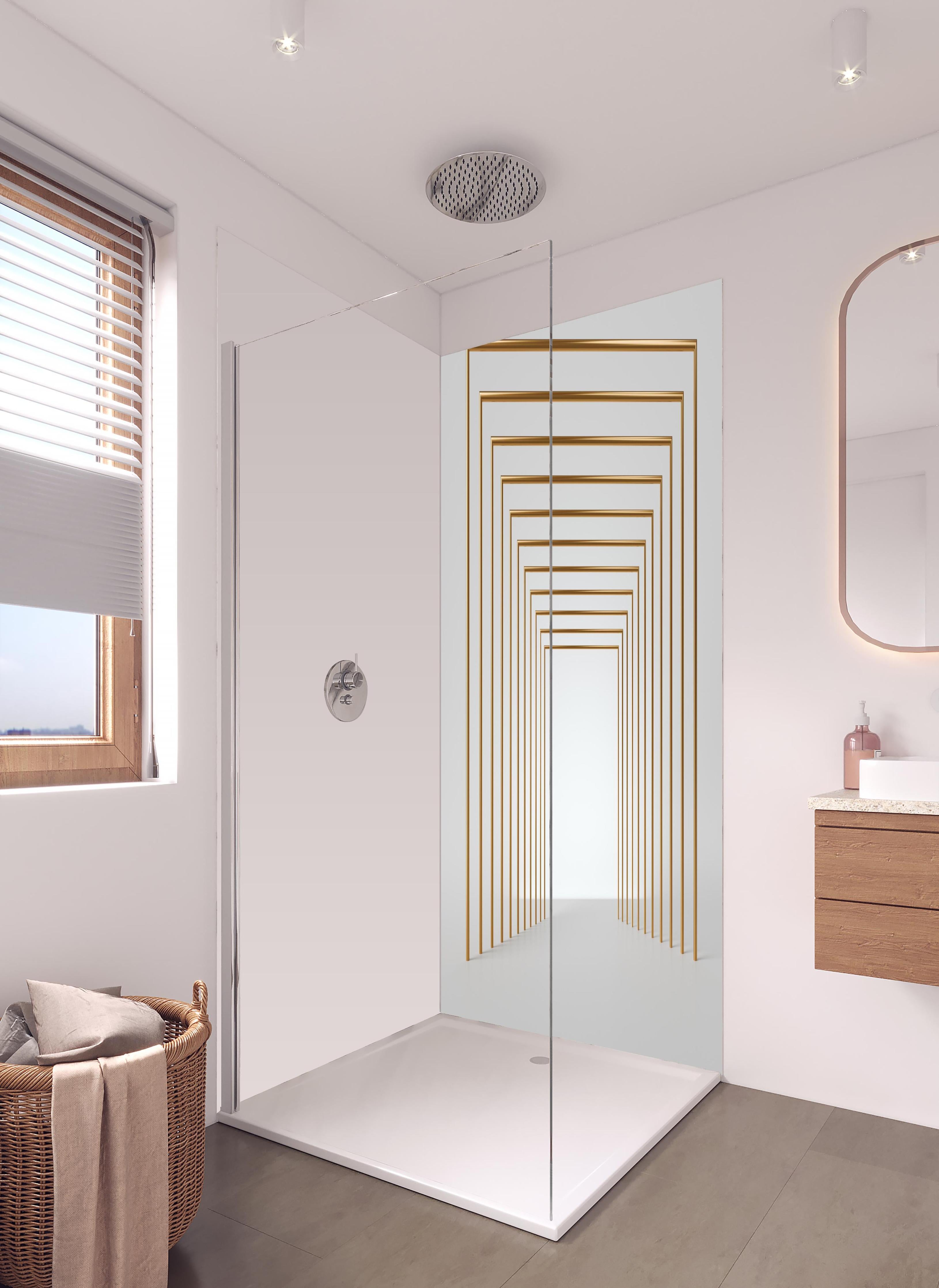 Duschrückwand - 3D-Design eines Tunnels mit vergoldeten Stangen in hellem Badezimmer mit Regenduschkopf - zweiteilige Eck-Duschrückwand