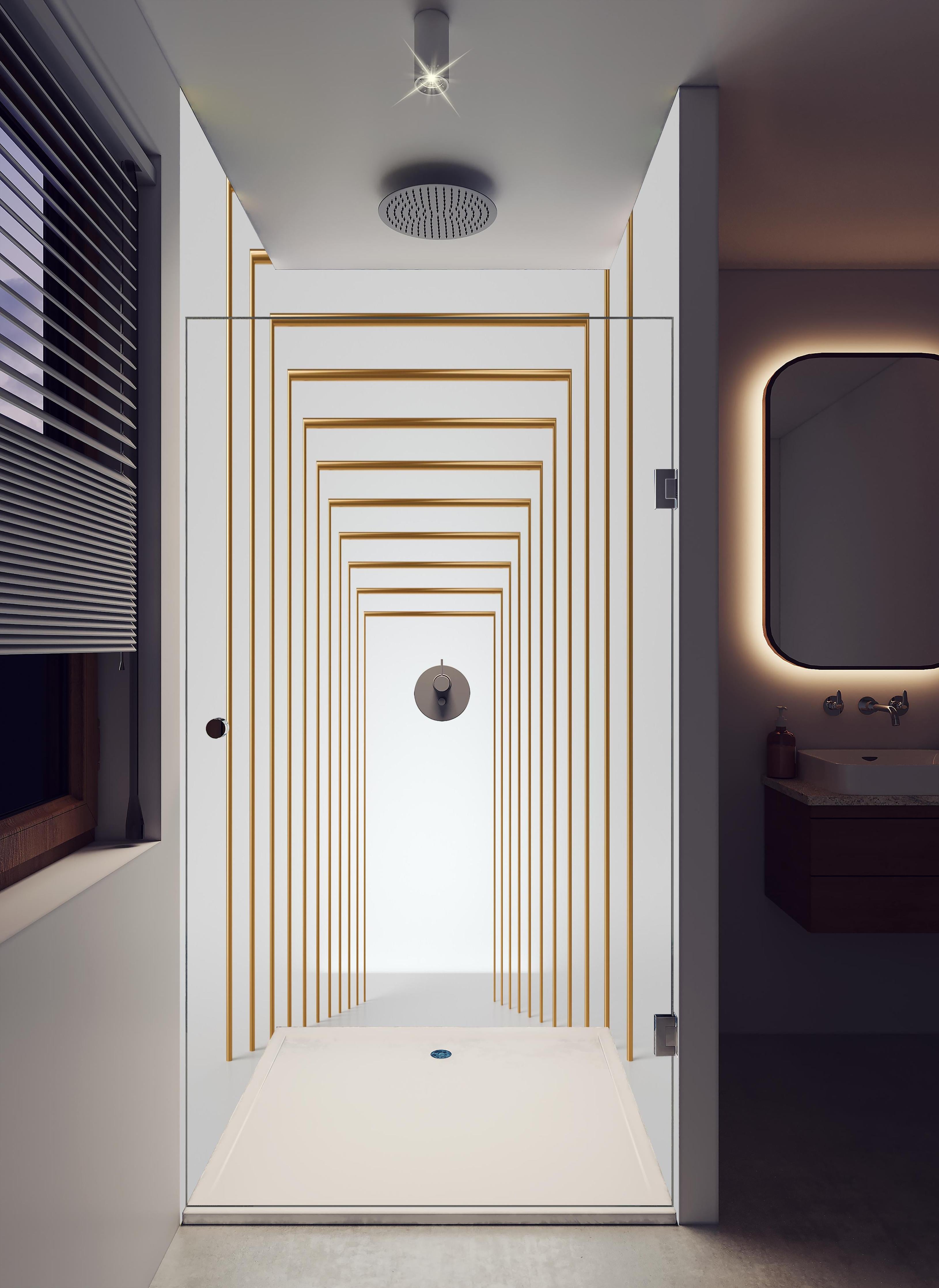 Duschrückwand - 3D-Design eines Tunnels mit vergoldeten Stangen in hellem Badezimmer mit Regenduschkopf - zweiteilige Eck-Duschrückwand