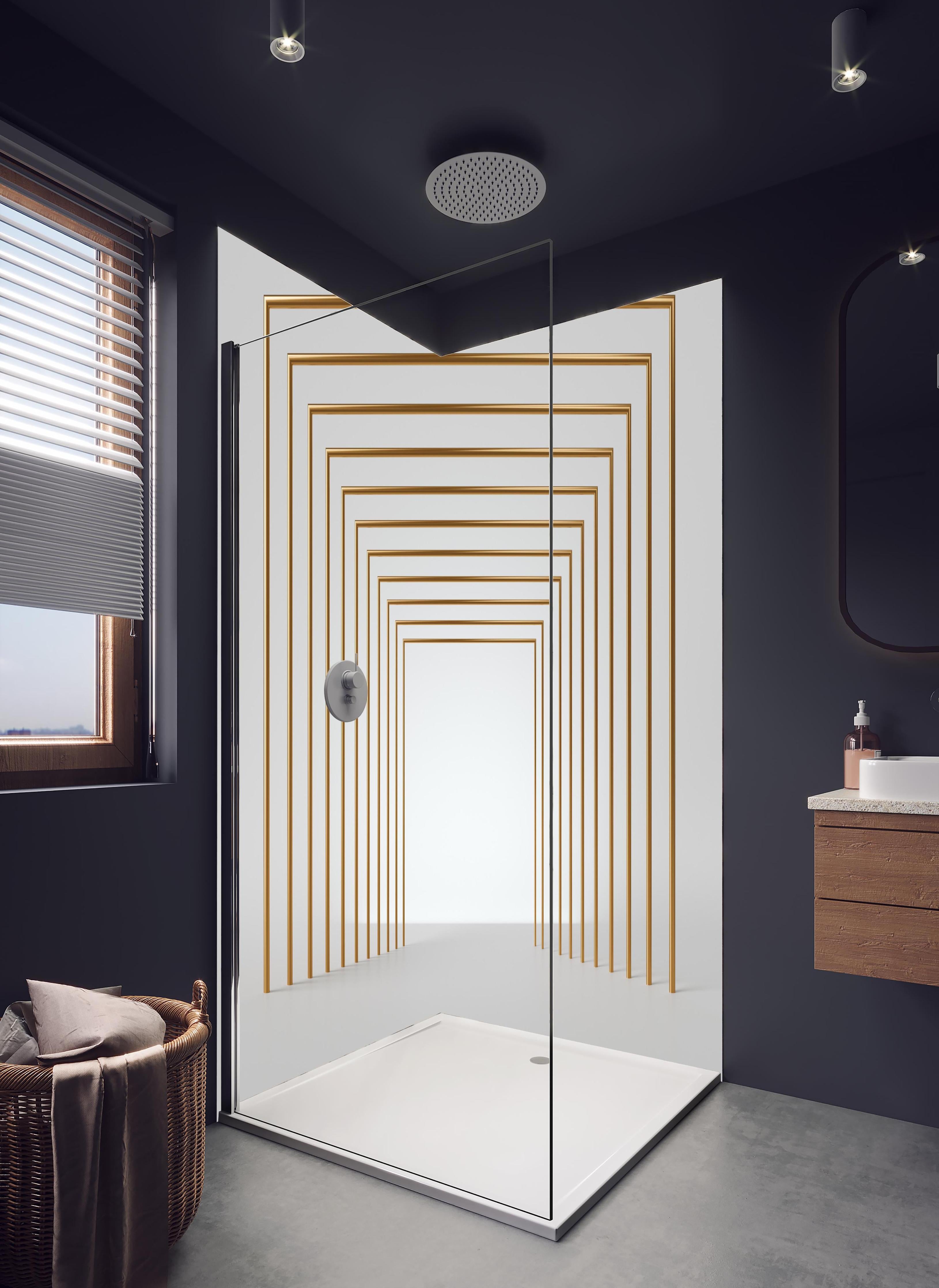 Duschrückwand - 3D-Design eines Tunnels mit vergoldeten Stangen in hellem Badezimmer mit Regenduschkopf - zweiteilige Eck-Duschrückwand