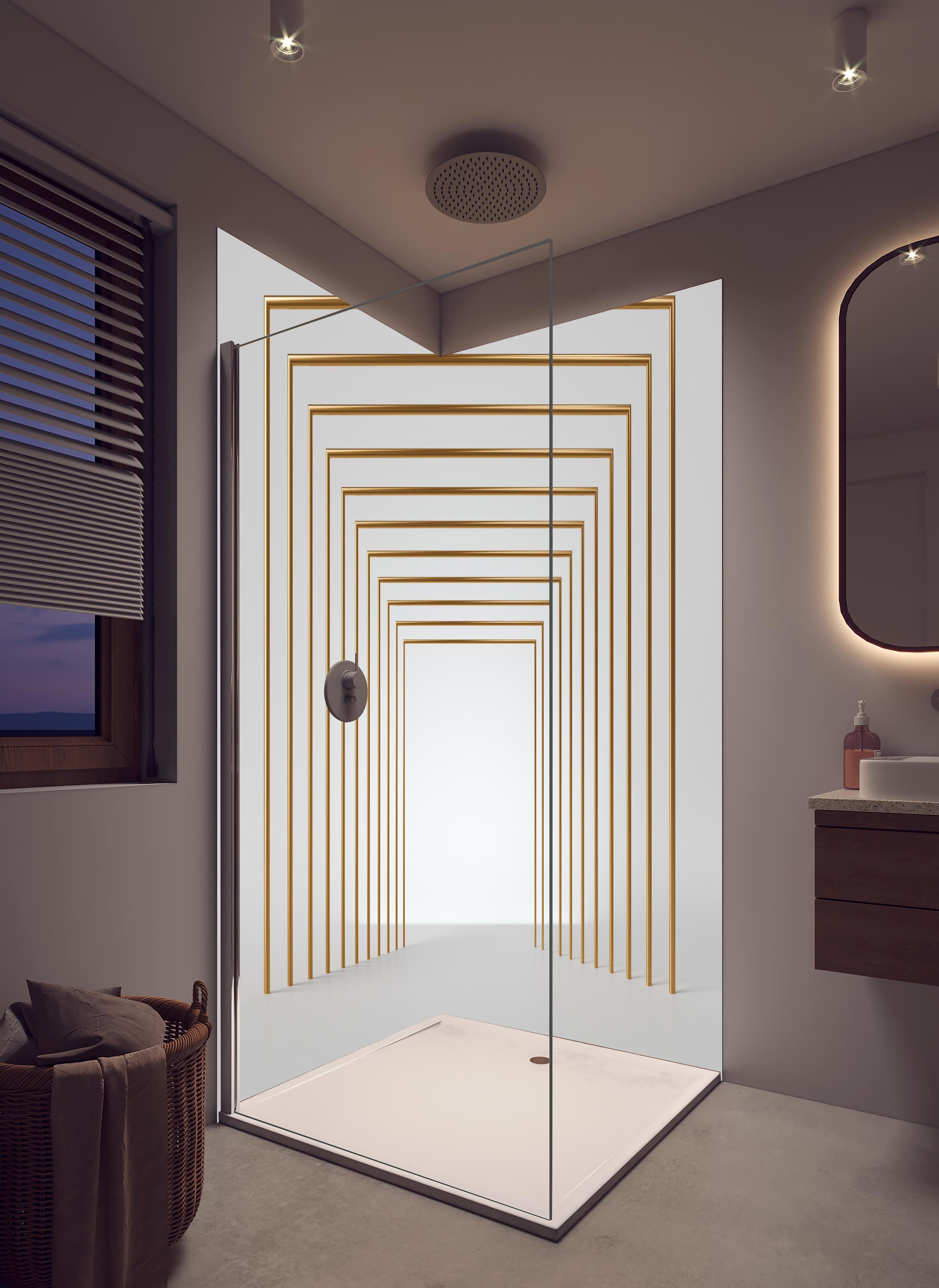 Duschrückwand - 3D-Design eines Tunnels mit vergoldeten Stangen in hellem Badezimmer mit Regenduschkopf - zweiteilige Eck-Duschrückwand