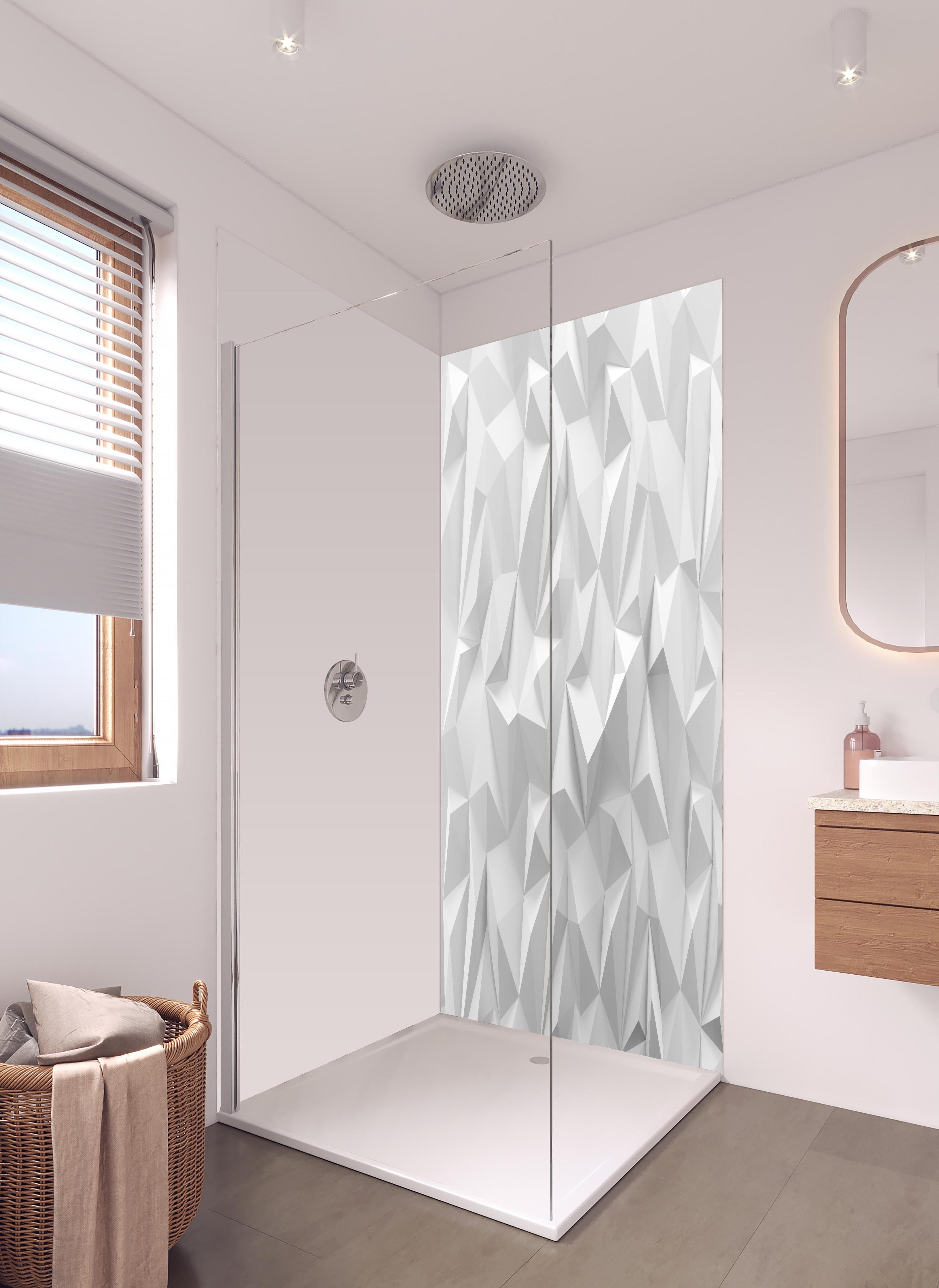 Duschrückwand - 3D Geometrische Low-Poly Textur Weiß in hellem Badezimmer mit Regenduschkopf - zweiteilige Eck-Duschrückwand