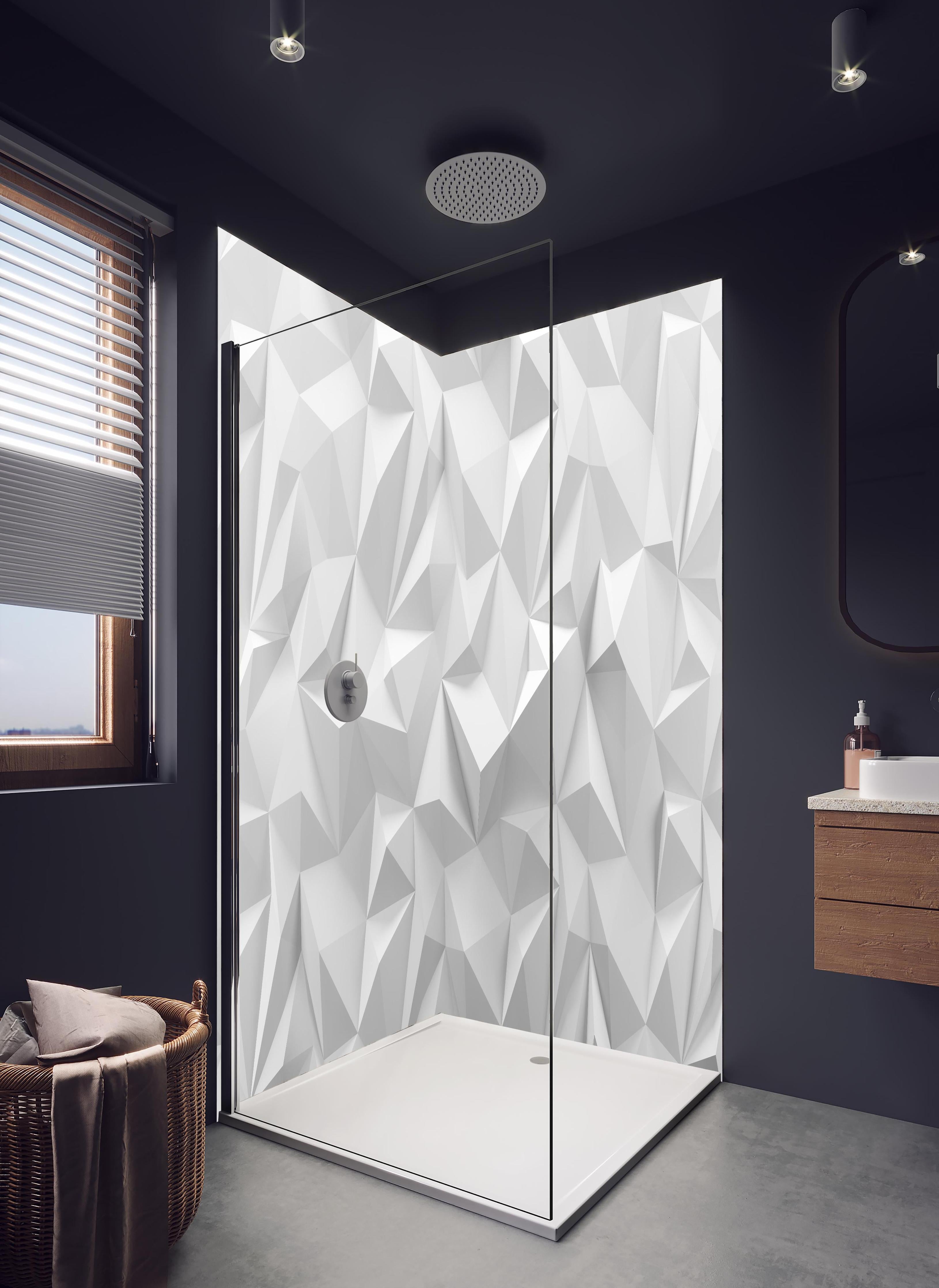 Duschrückwand - 3D Geometrische Low-Poly Textur Weiß in hellem Badezimmer mit Regenduschkopf - zweiteilige Eck-Duschrückwand