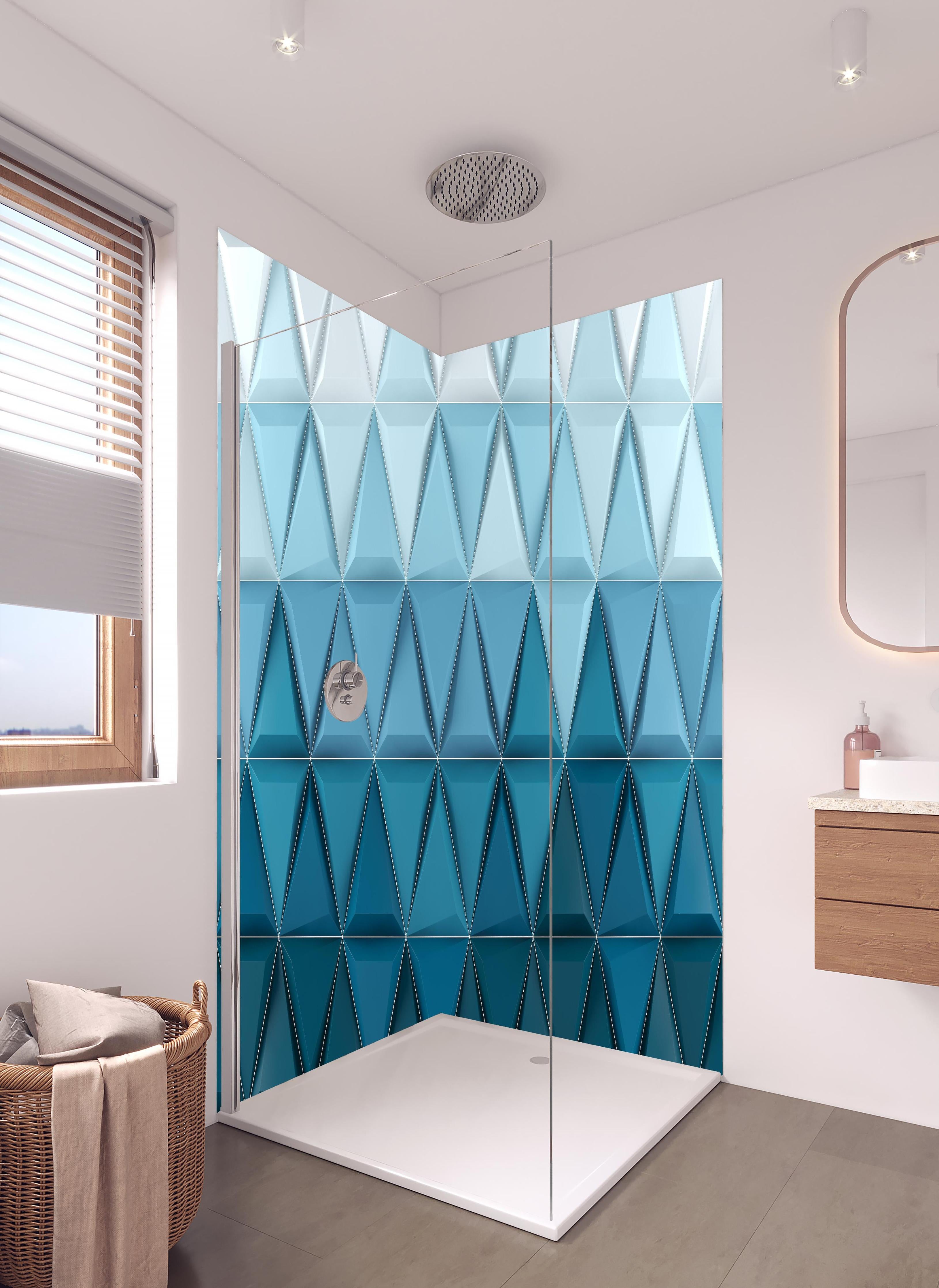 Duschrückwand - 3D Geometrische Weiße und Blaue Hintergrundstruktur in hellem Badezimmer mit Regenduschkopf - zweiteilige Eck-Duschrückwand