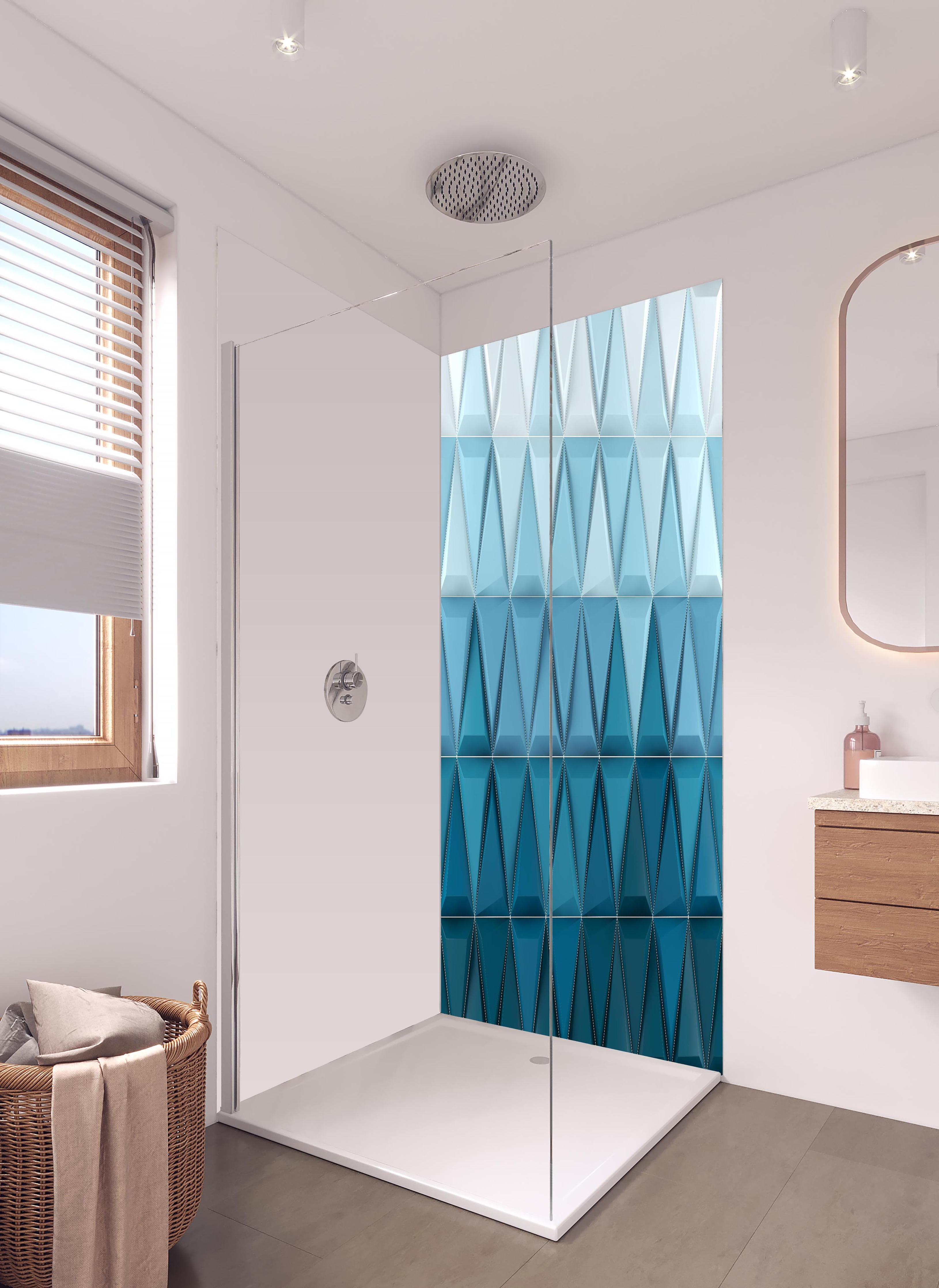 Duschrückwand - 3D Geometrische Weiße und Blaue Hintergrundstruktur in hellem Badezimmer mit Regenduschkopf - zweiteilige Eck-Duschrückwand