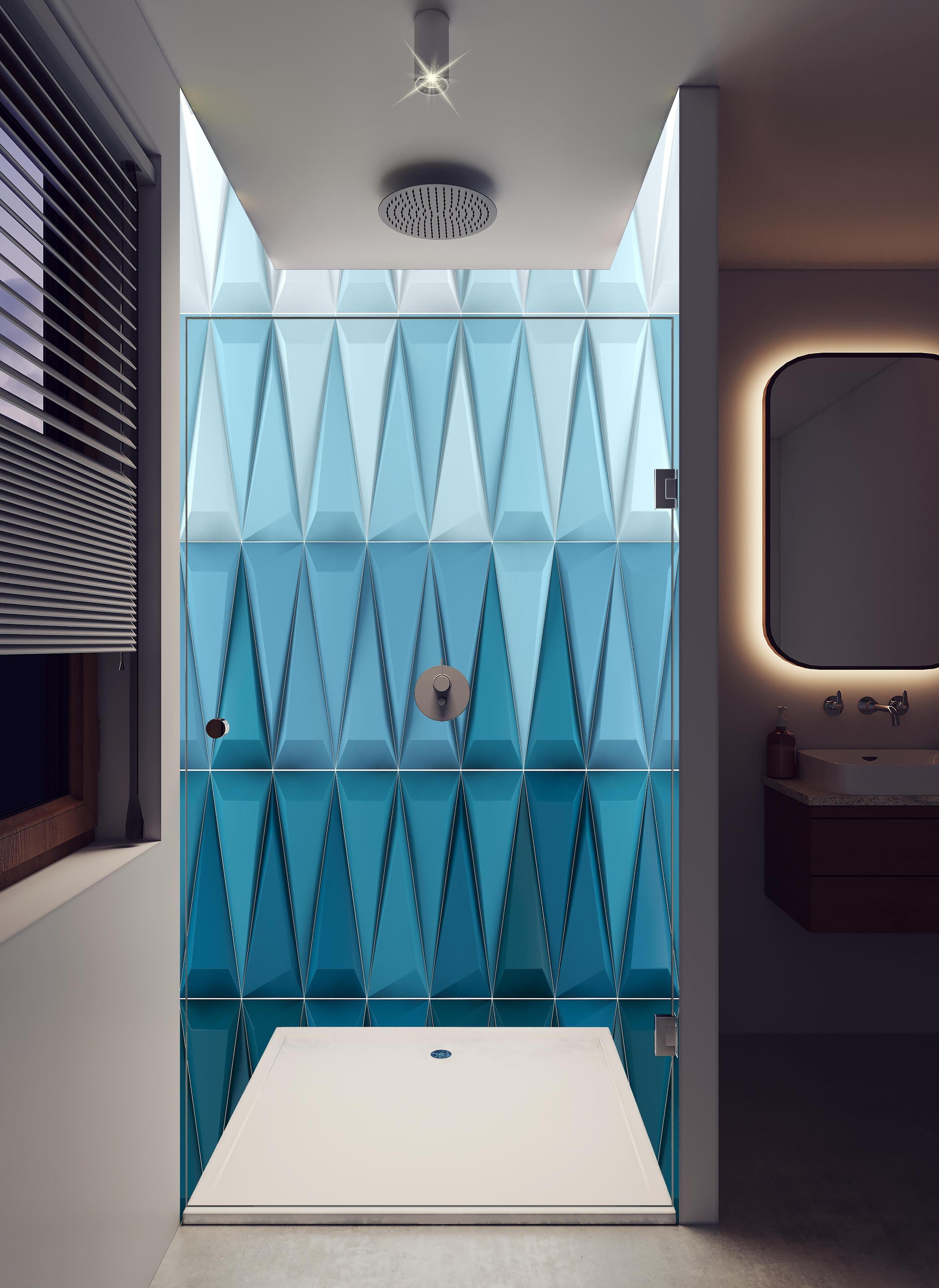 Duschrückwand - 3D Geometrische Weiße und Blaue Hintergrundstruktur in hellem Badezimmer mit Regenduschkopf - zweiteilige Eck-Duschrückwand