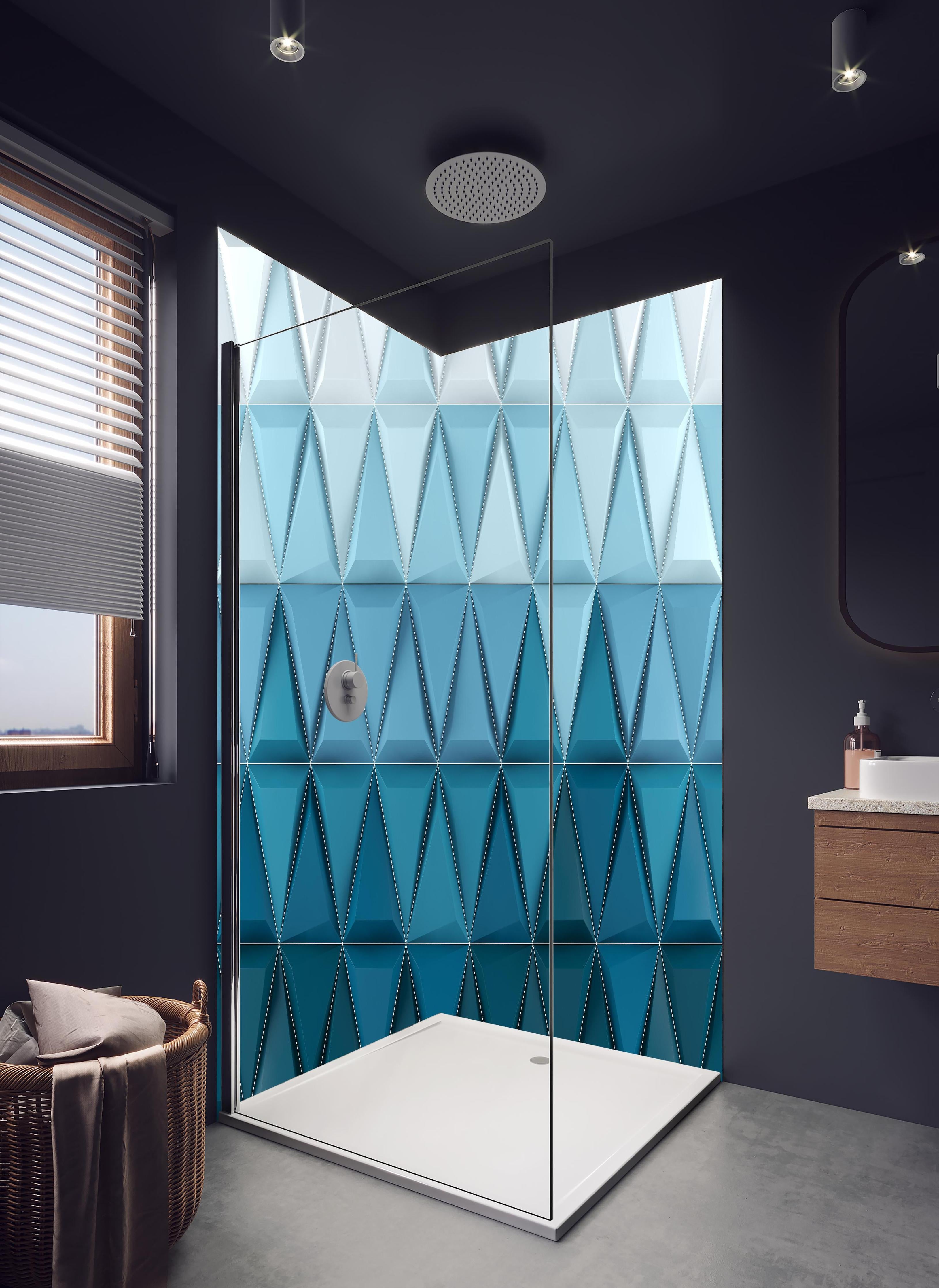 Duschrückwand - 3D Geometrische Weiße und Blaue Hintergrundstruktur in hellem Badezimmer mit Regenduschkopf - zweiteilige Eck-Duschrückwand