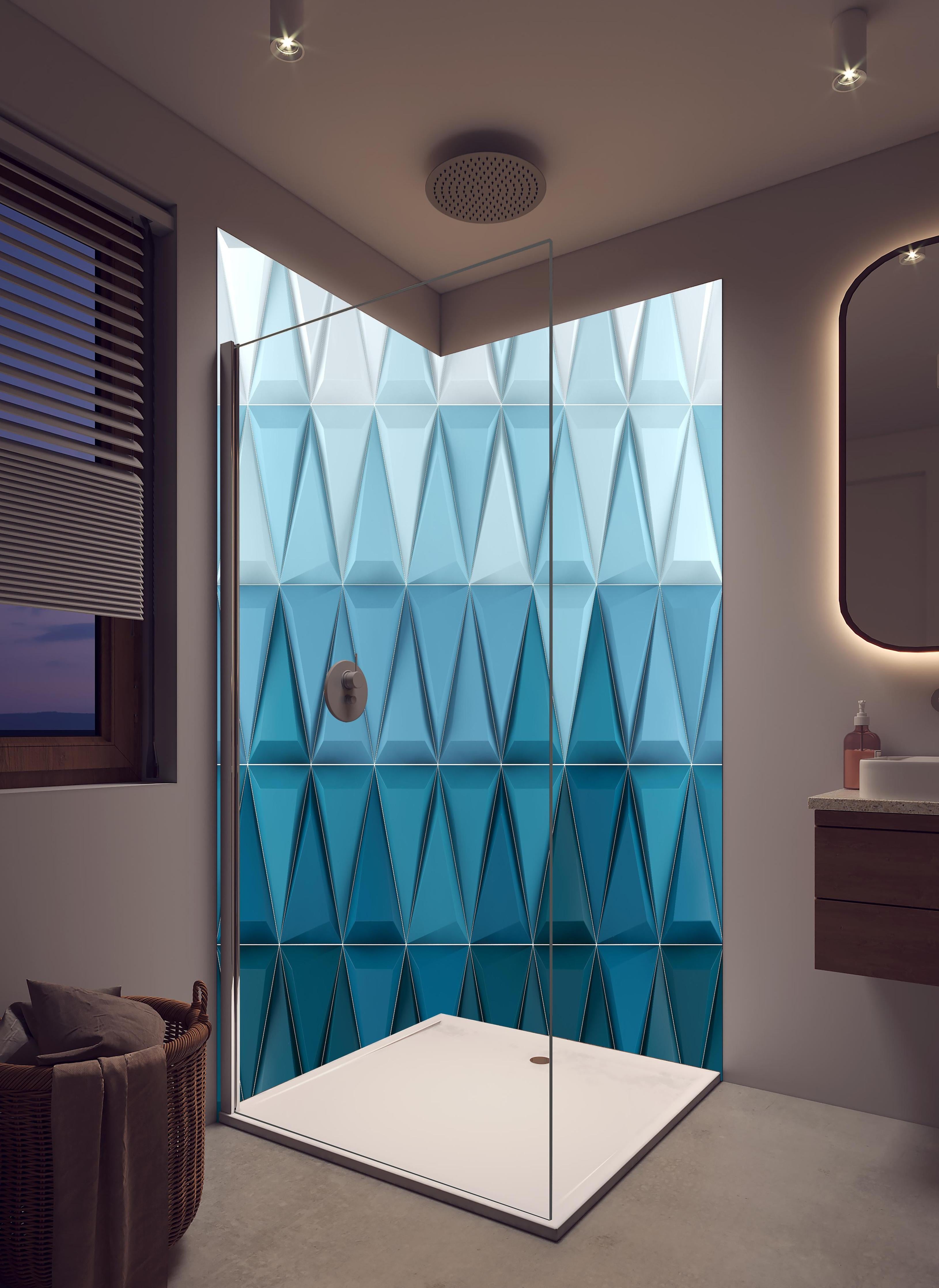 Duschrückwand - 3D Geometrische Weiße und Blaue Hintergrundstruktur in hellem Badezimmer mit Regenduschkopf - zweiteilige Eck-Duschrückwand