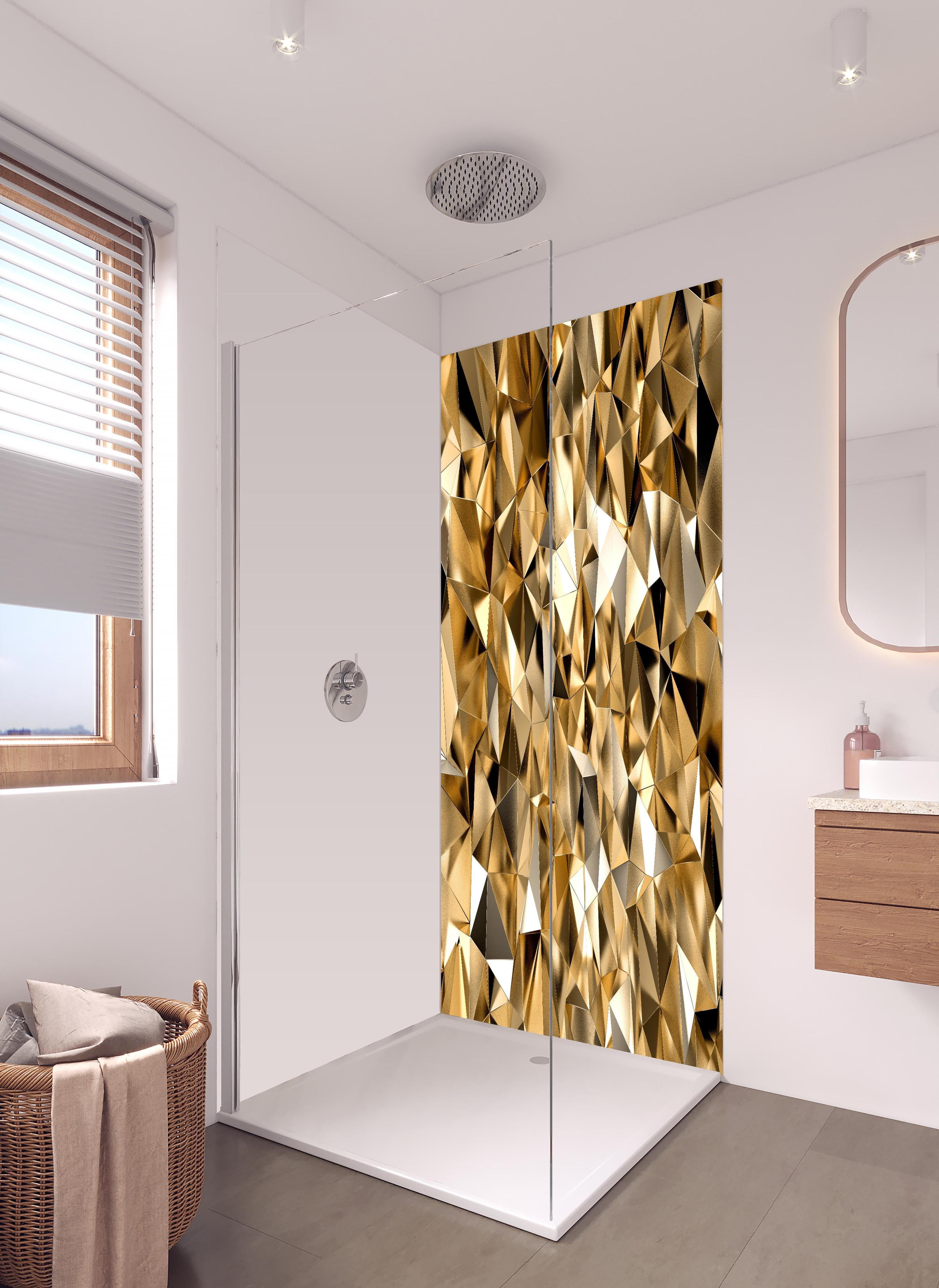Duschrückwand - 3D Goldenes Kristall Design in hellem Badezimmer mit Regenduschkopf - zweiteilige Eck-Duschrückwand