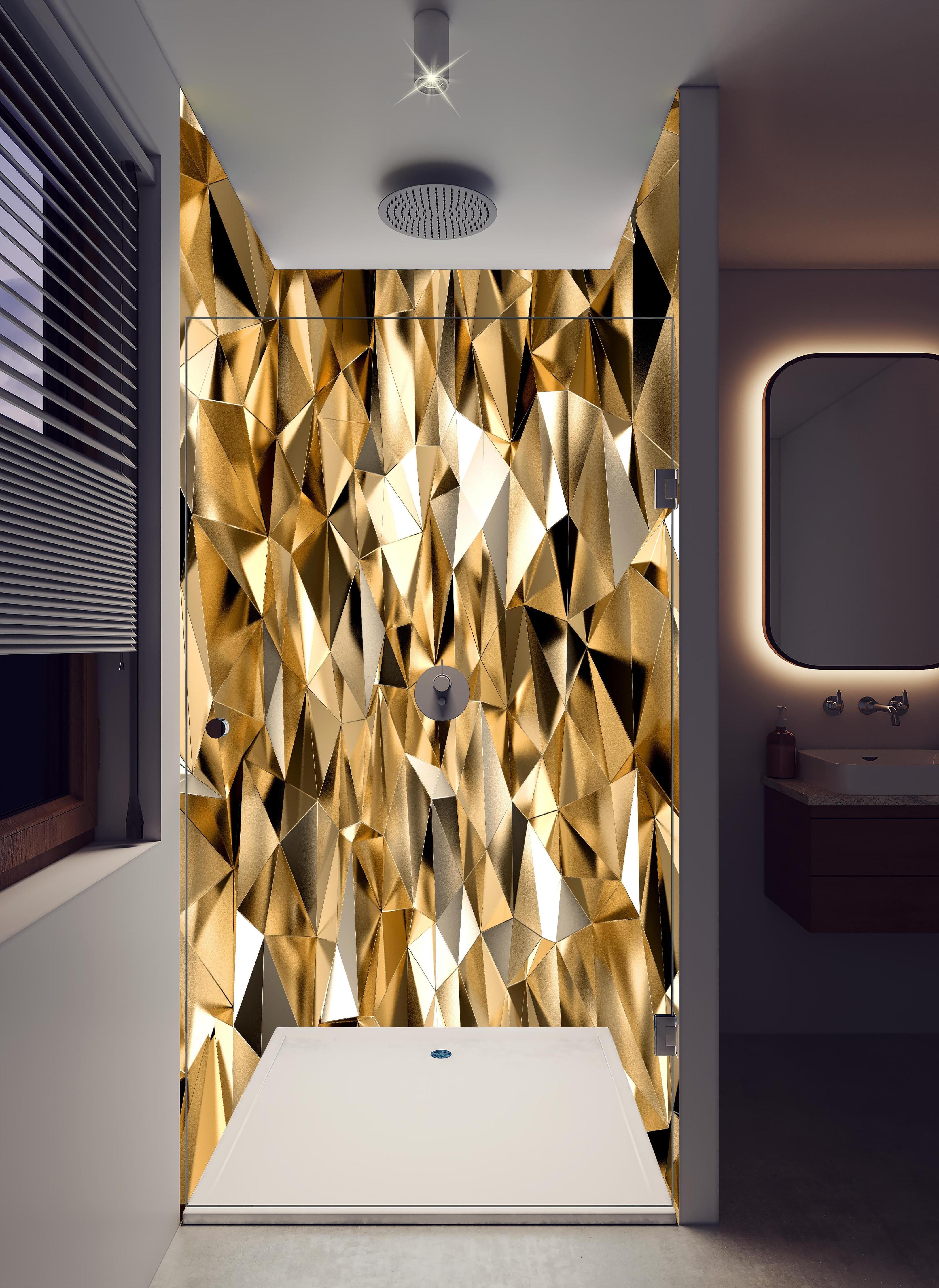 Duschrückwand - 3D Goldenes Kristall Design in hellem Badezimmer mit Regenduschkopf - zweiteilige Eck-Duschrückwand