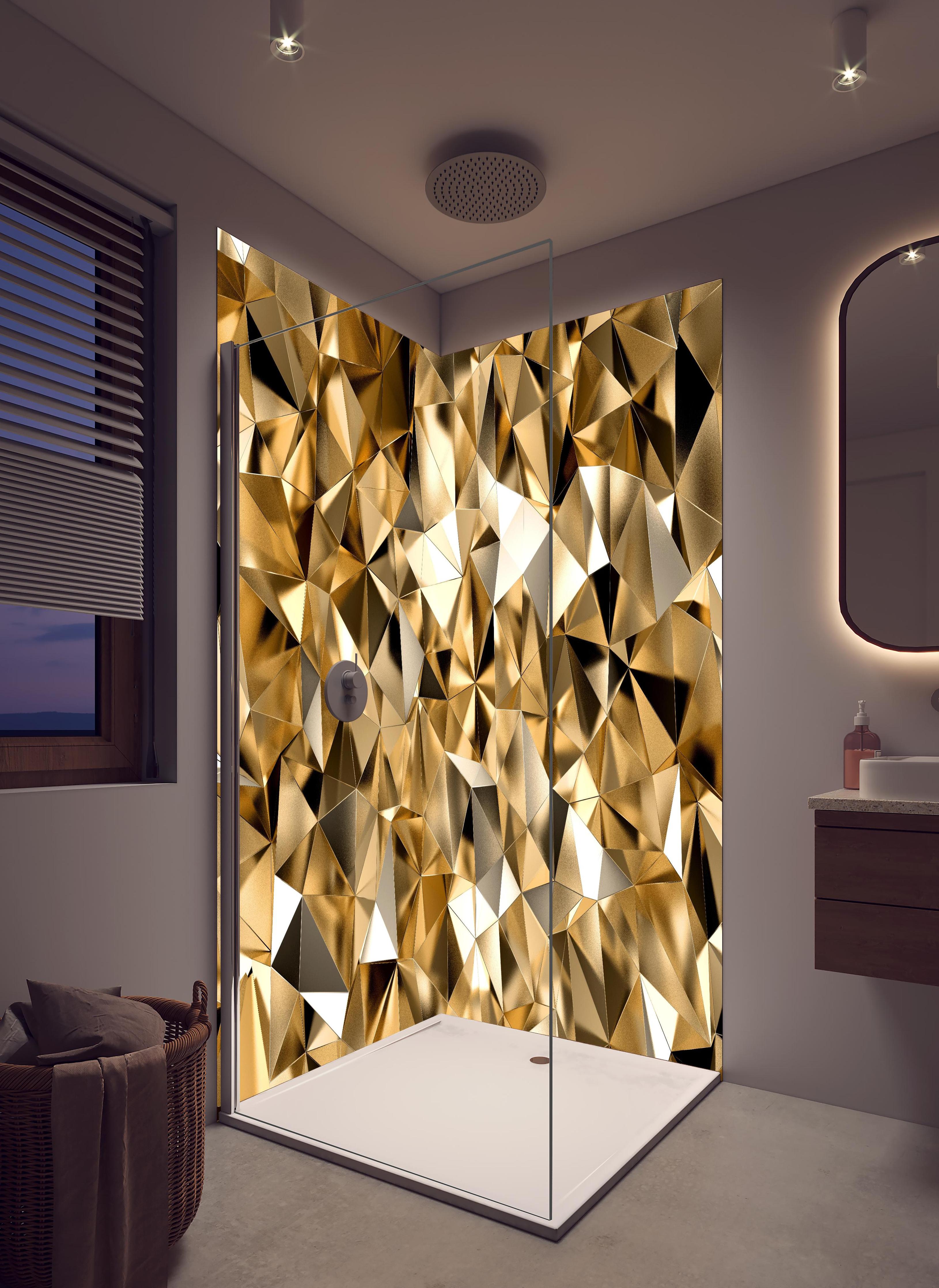 Duschrückwand - 3D Goldenes Kristall Design in hellem Badezimmer mit Regenduschkopf - zweiteilige Eck-Duschrückwand