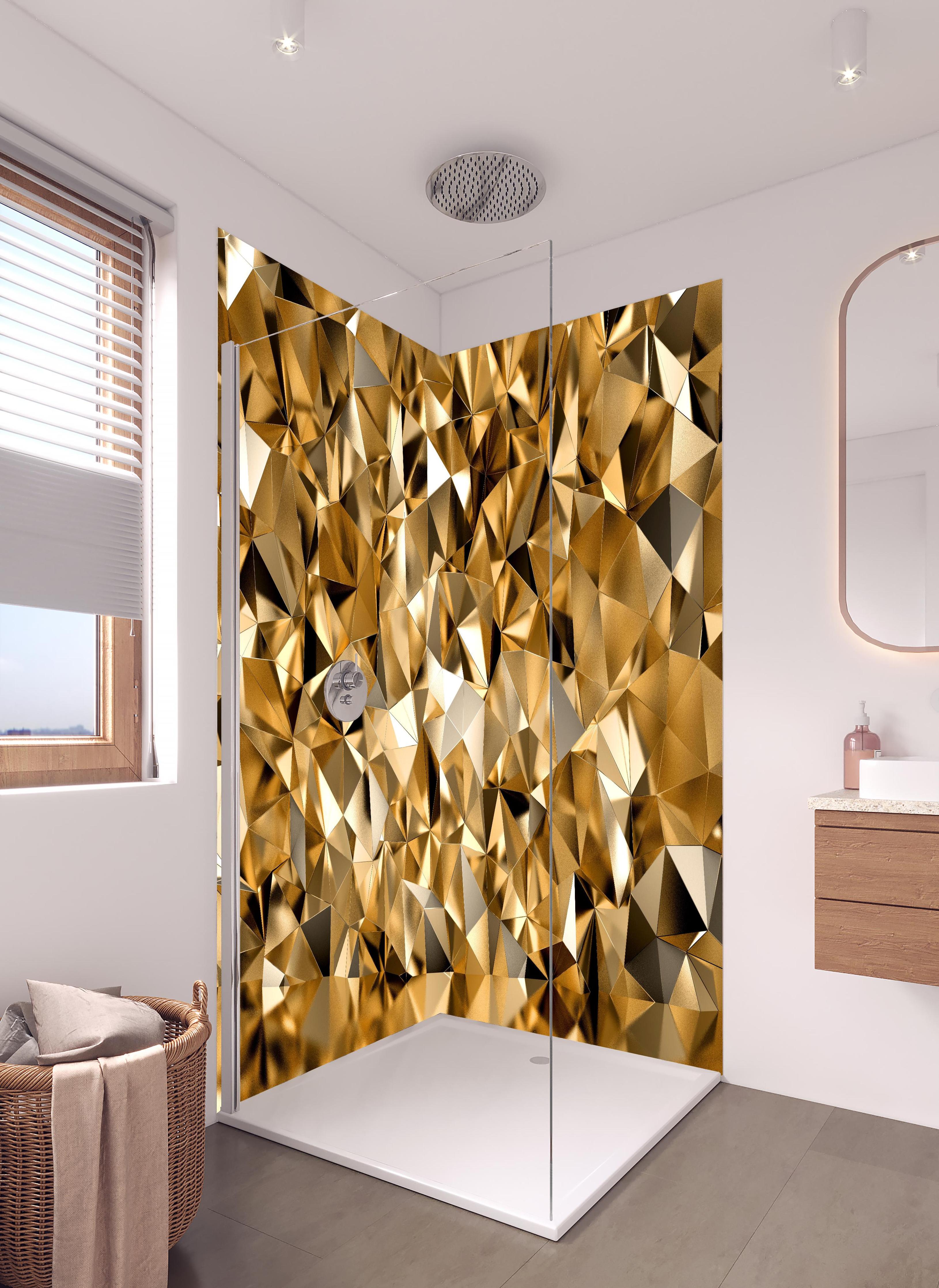 Duschrückwand - 3D Illustration - Goldenes Design in hellem Badezimmer mit Regenduschkopf - zweiteilige Eck-Duschrückwand