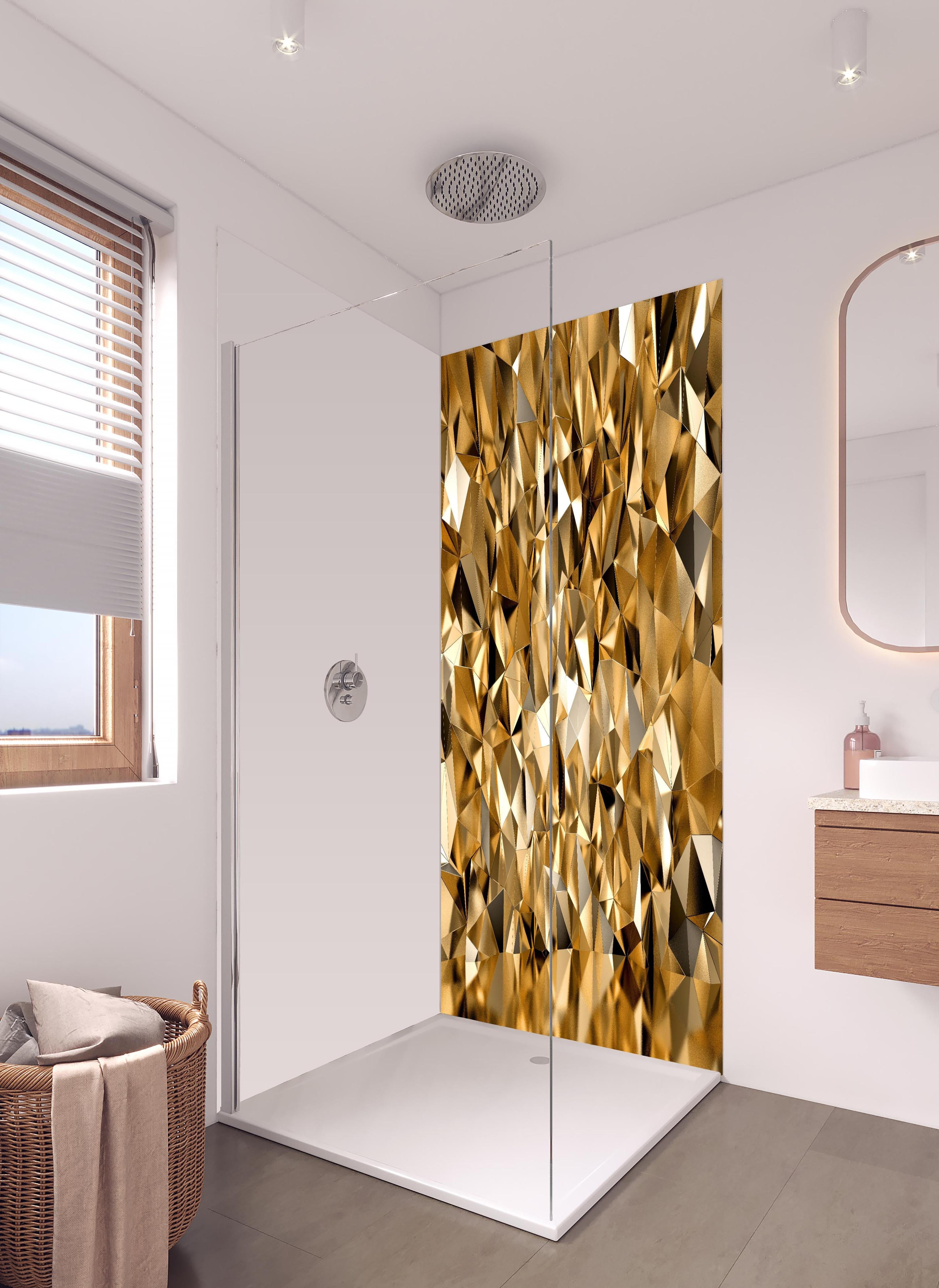 Duschrückwand - 3D Illustration - Goldenes Design in hellem Badezimmer mit Regenduschkopf - zweiteilige Eck-Duschrückwand