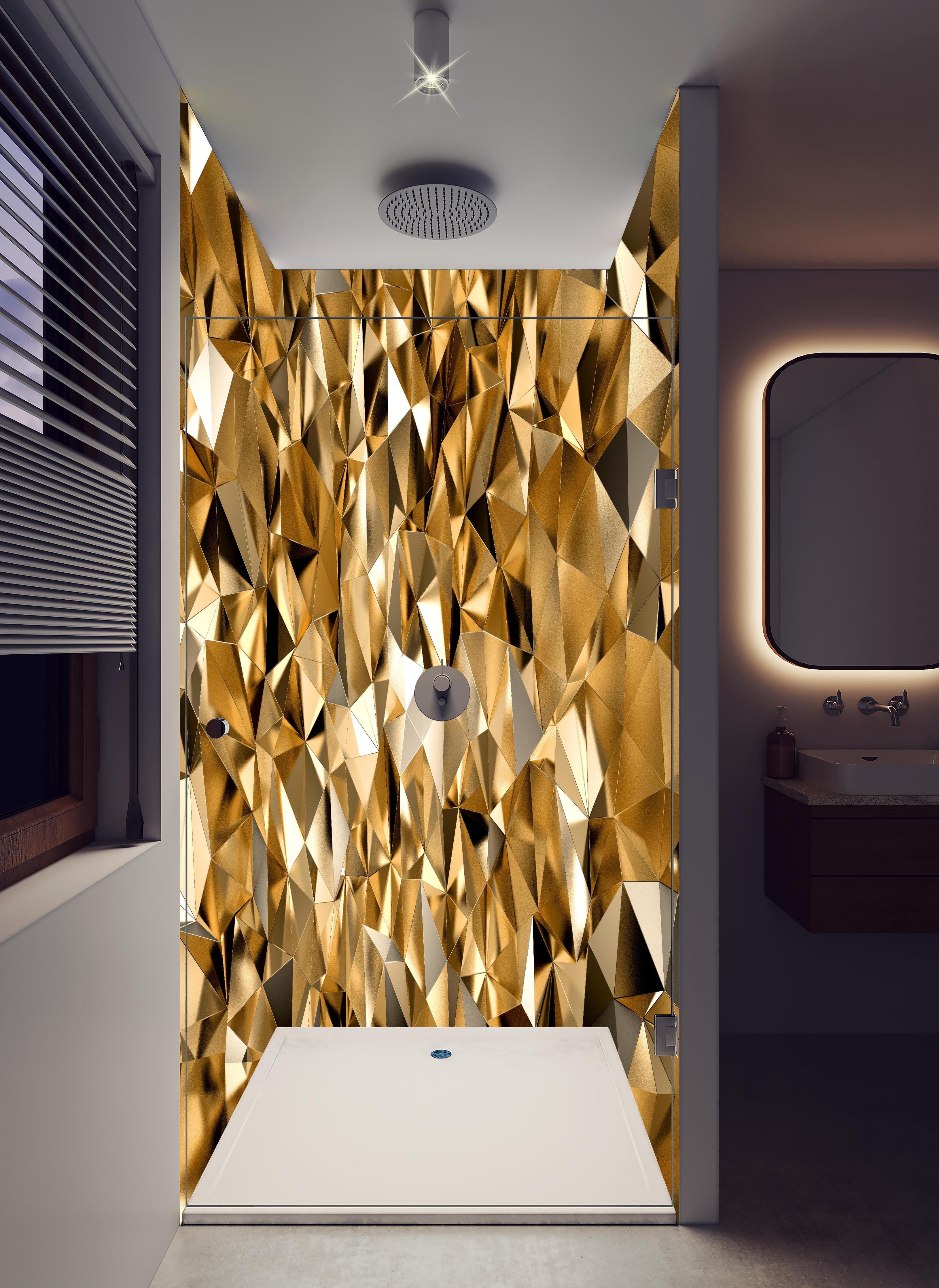Duschrückwand - 3D Illustration - Goldenes Design in hellem Badezimmer mit Regenduschkopf - zweiteilige Eck-Duschrückwand