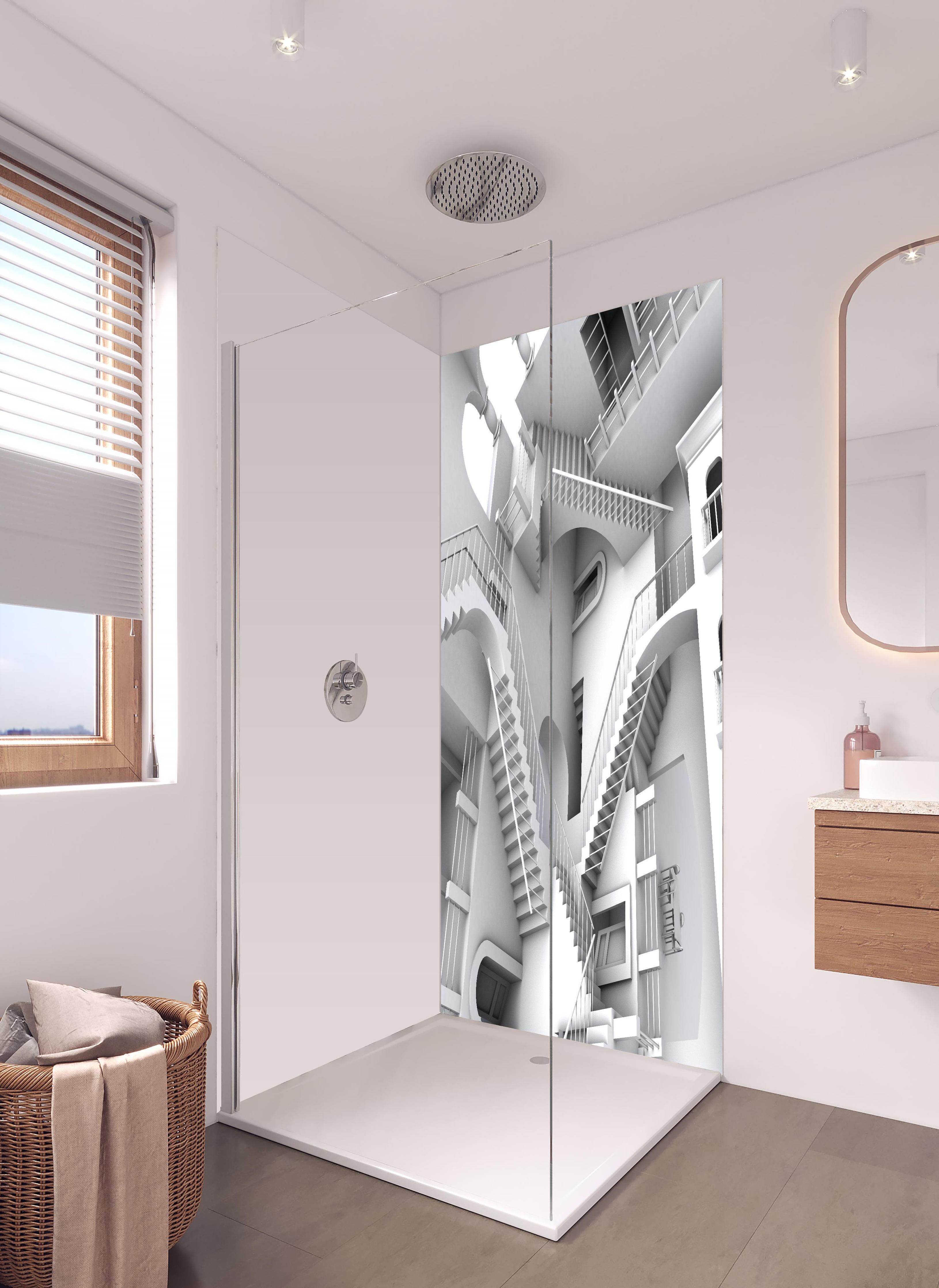 Duschrückwand - 3D-Illustration einer von Escher inspirierten Treppe in hellem Badezimmer mit Regenduschkopf - zweiteilige Eck-Duschrückwand