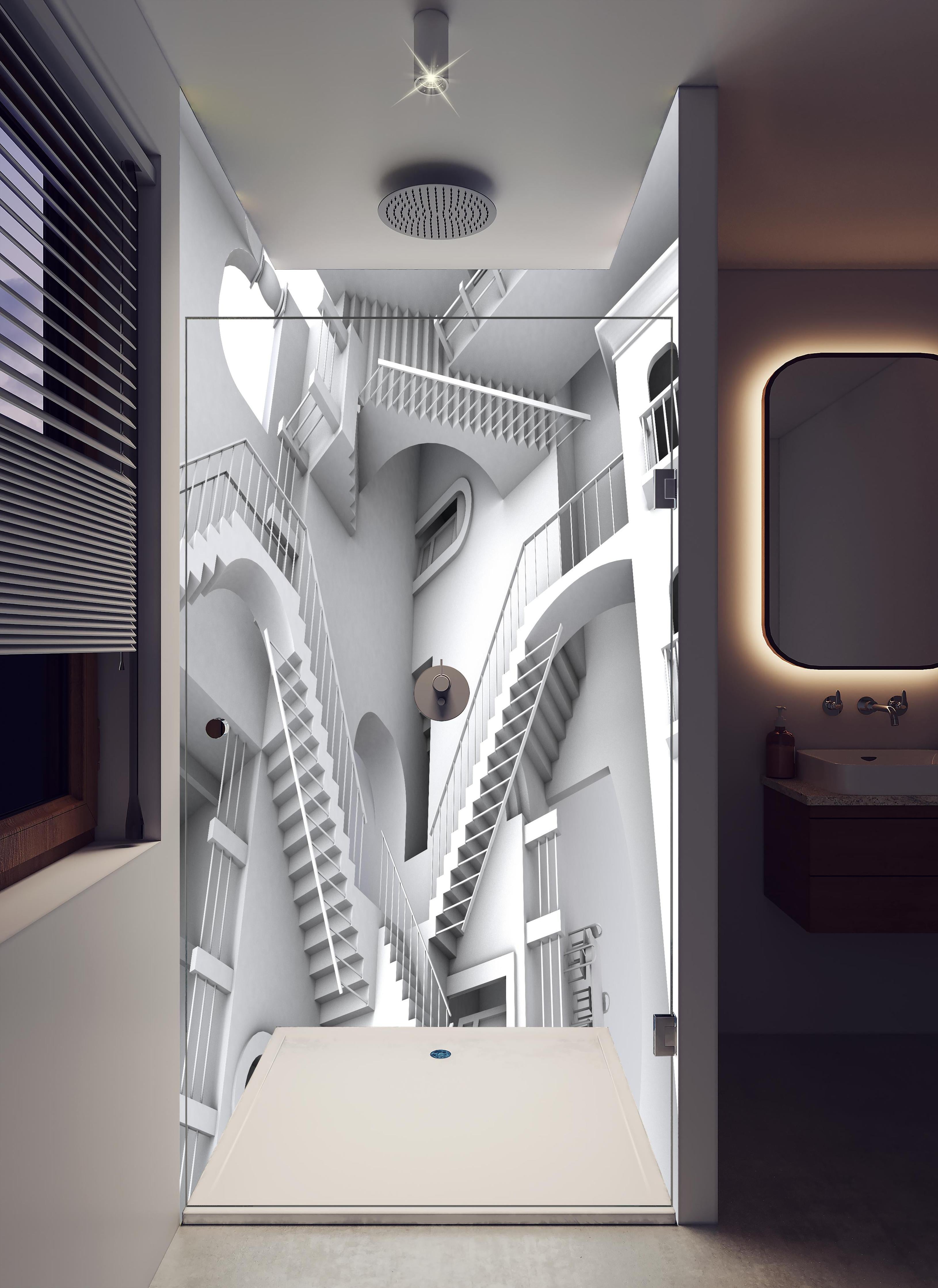 Duschrückwand - 3D-Illustration einer von Escher inspirierten Treppe in hellem Badezimmer mit Regenduschkopf - zweiteilige Eck-Duschrückwand