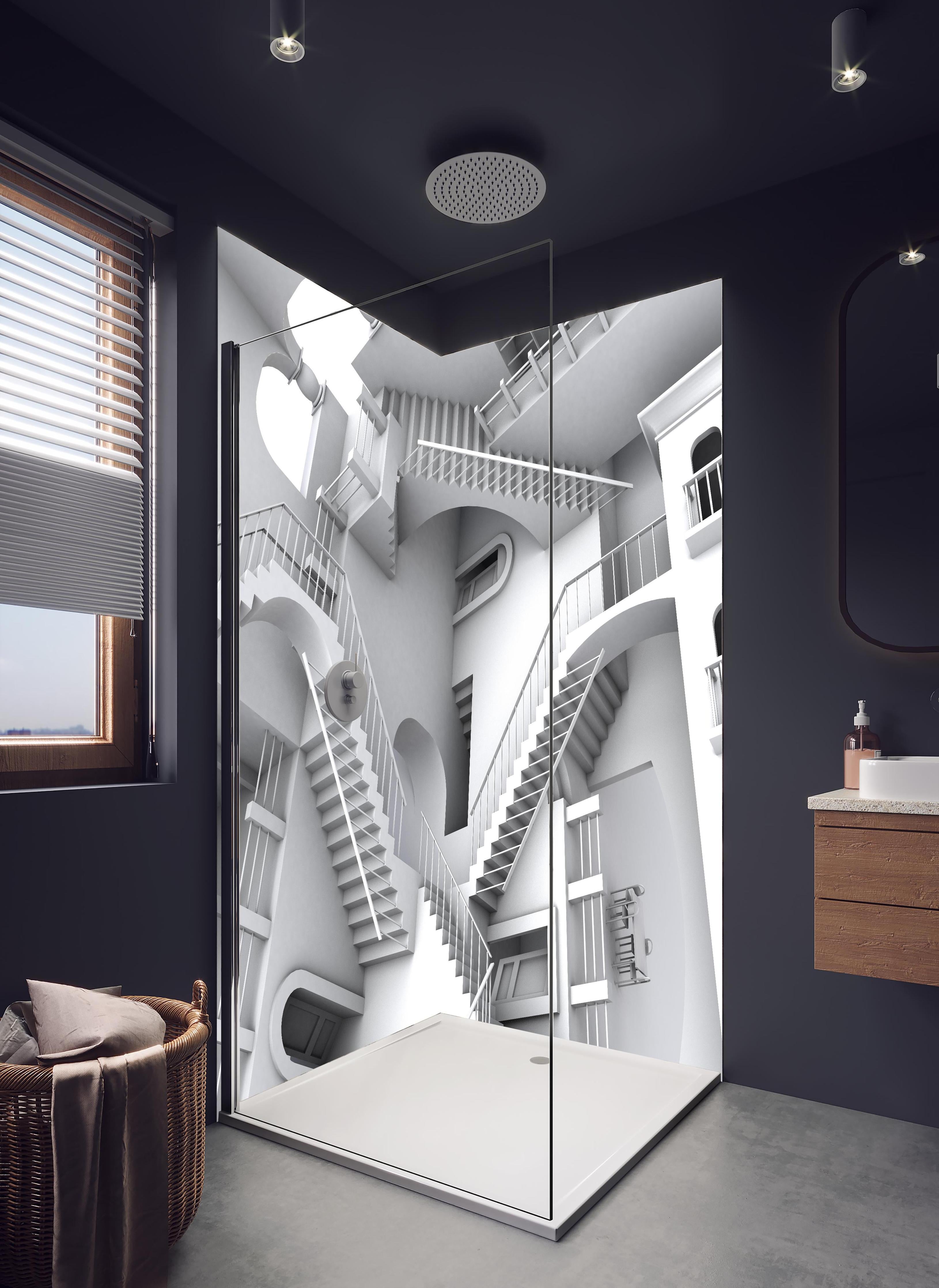 Duschrückwand - 3D-Illustration einer von Escher inspirierten Treppe in hellem Badezimmer mit Regenduschkopf - zweiteilige Eck-Duschrückwand