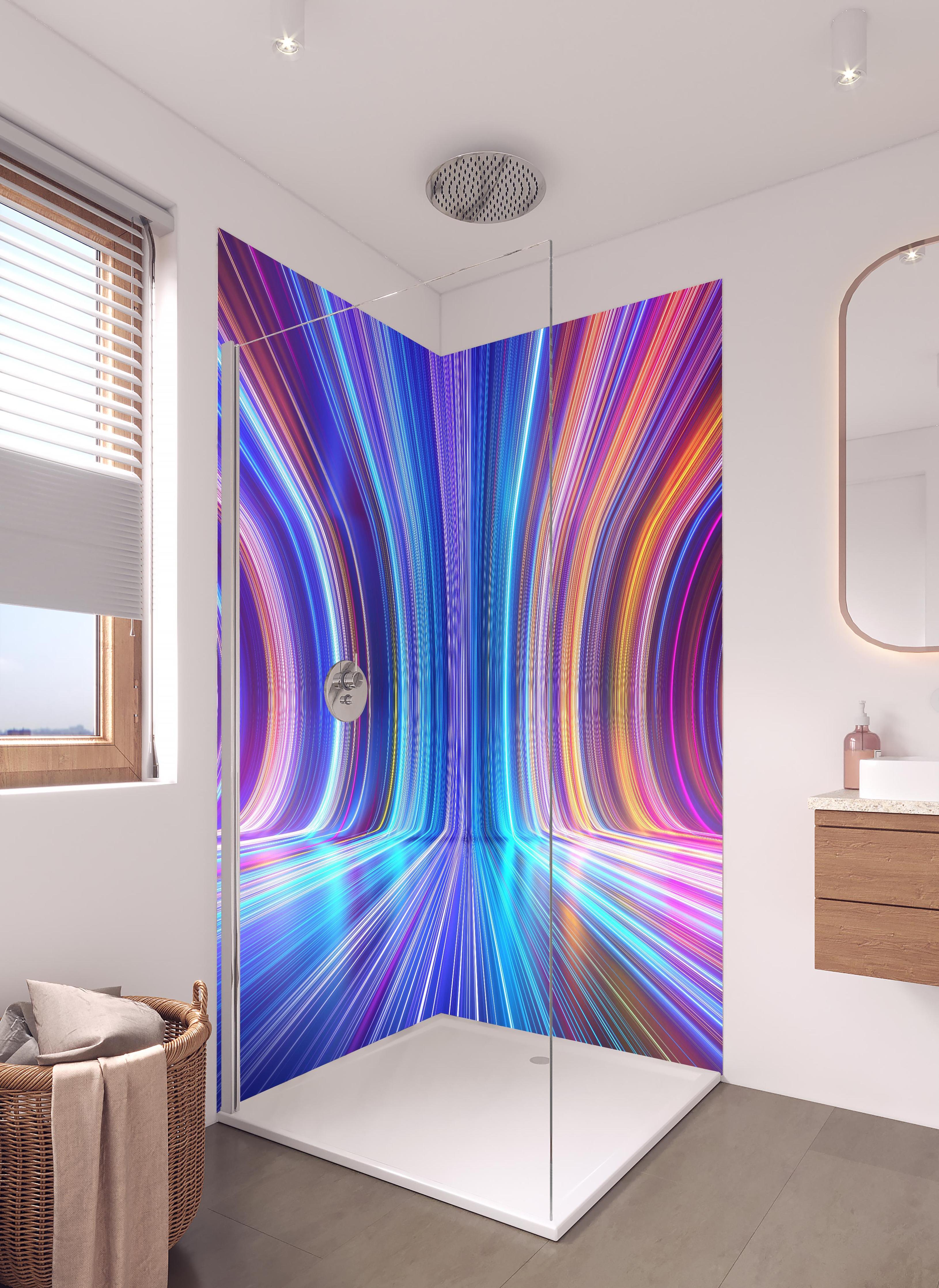 Duschrückwand - 3D Rendering - Zukunft in hellem Badezimmer mit Regenduschkopf - zweiteilige Eck-Duschrückwand
