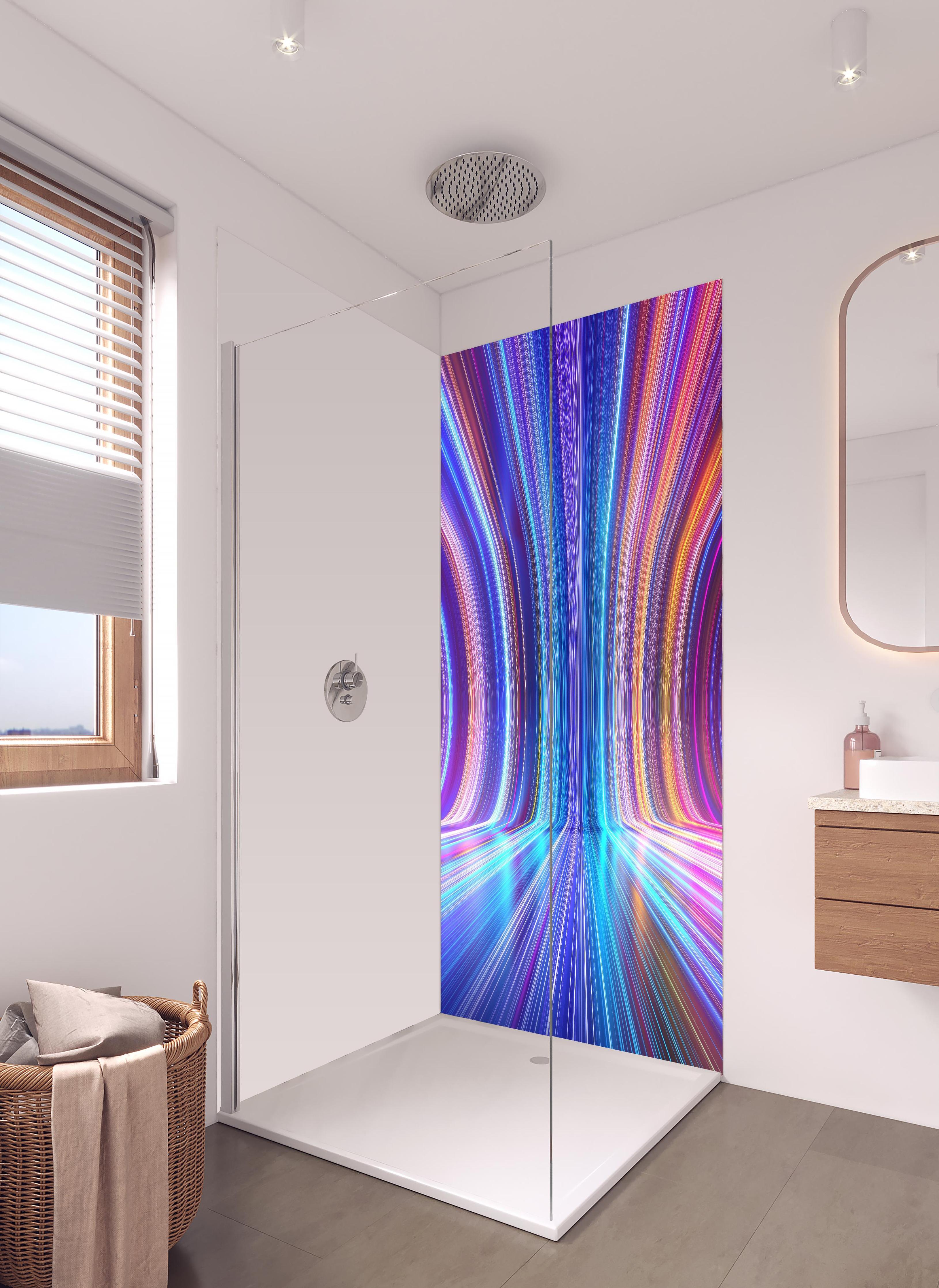 Duschrückwand - 3D Rendering - Zukunft in hellem Badezimmer mit Regenduschkopf - zweiteilige Eck-Duschrückwand