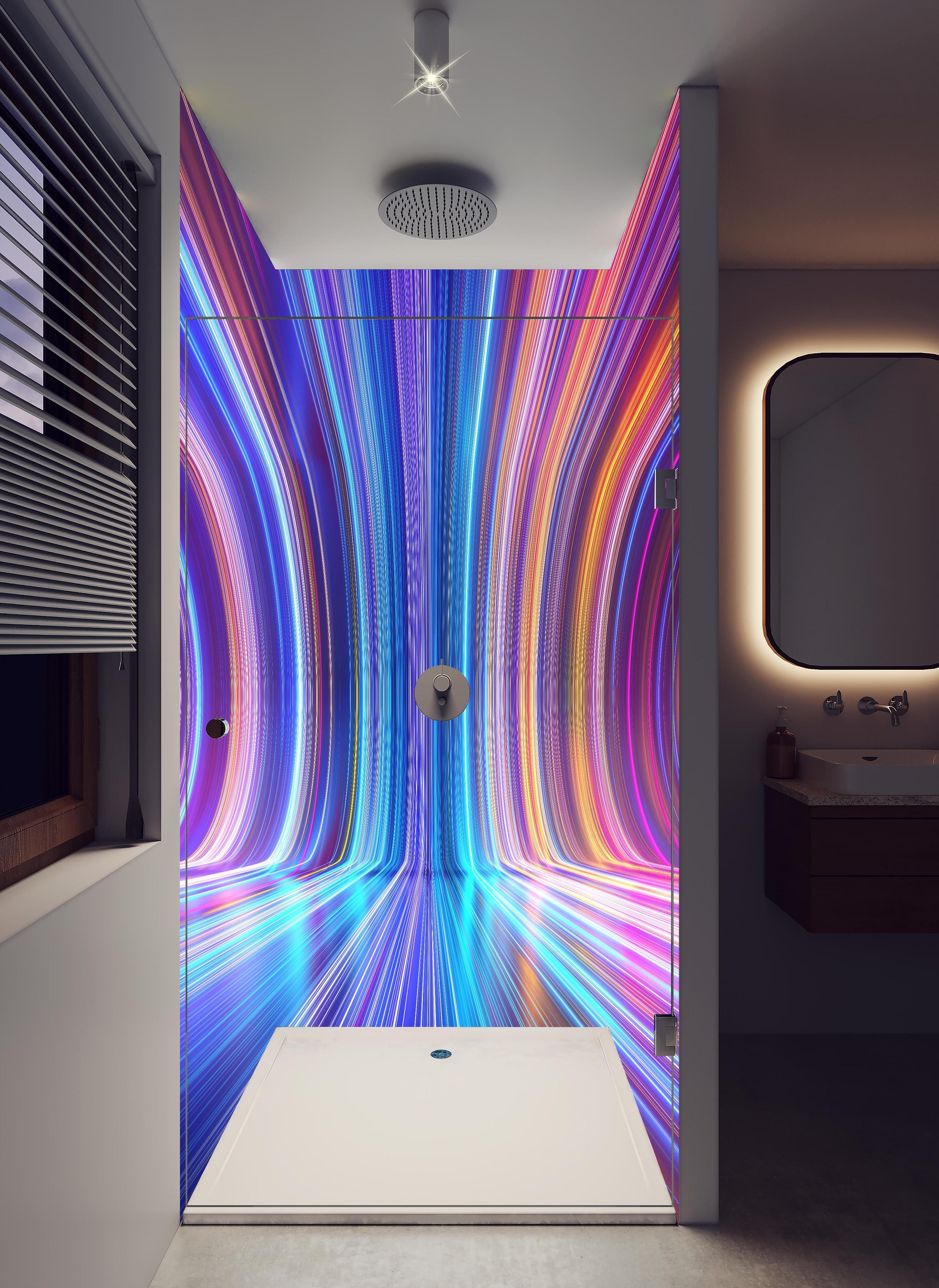 Duschrückwand - 3D Rendering - Zukunft in hellem Badezimmer mit Regenduschkopf - zweiteilige Eck-Duschrückwand