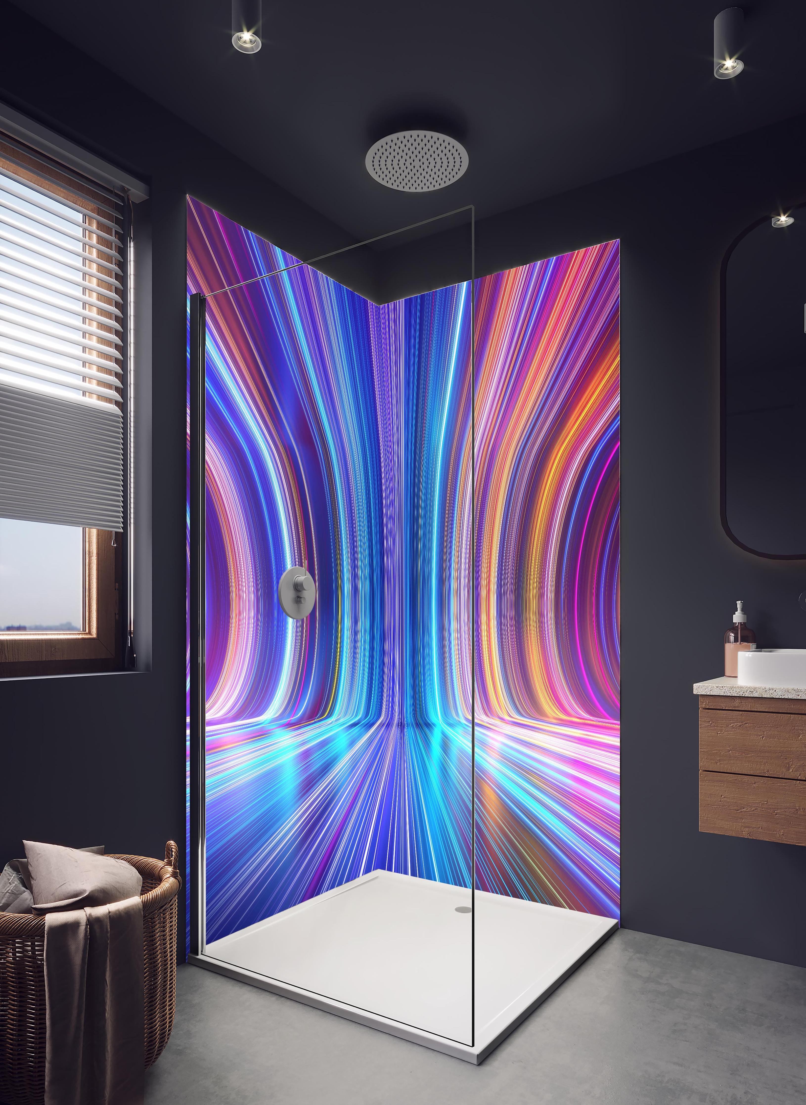 Duschrückwand - 3D Rendering - Zukunft in hellem Badezimmer mit Regenduschkopf - zweiteilige Eck-Duschrückwand