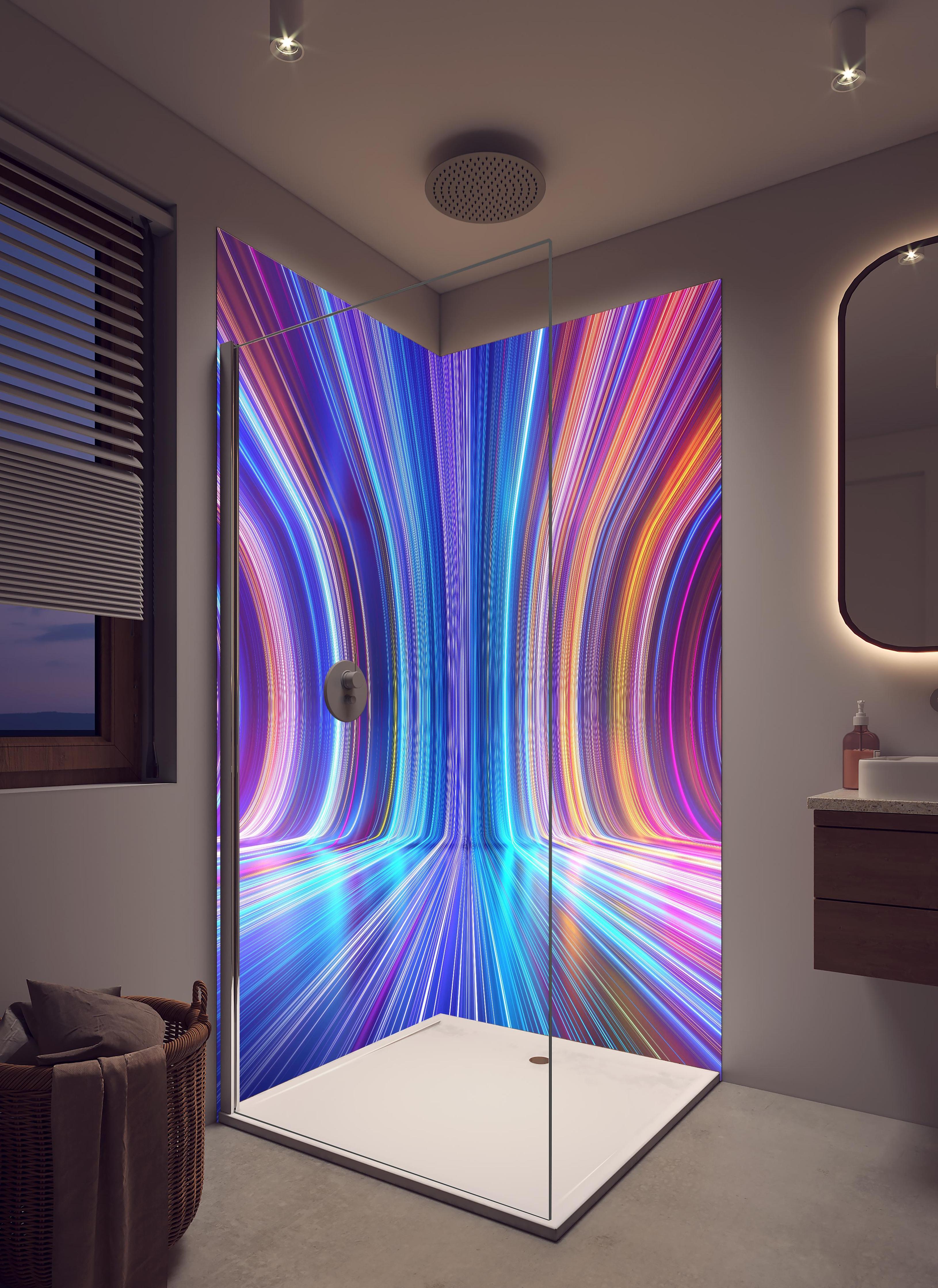 Duschrückwand - 3D Rendering - Zukunft in hellem Badezimmer mit Regenduschkopf - zweiteilige Eck-Duschrückwand