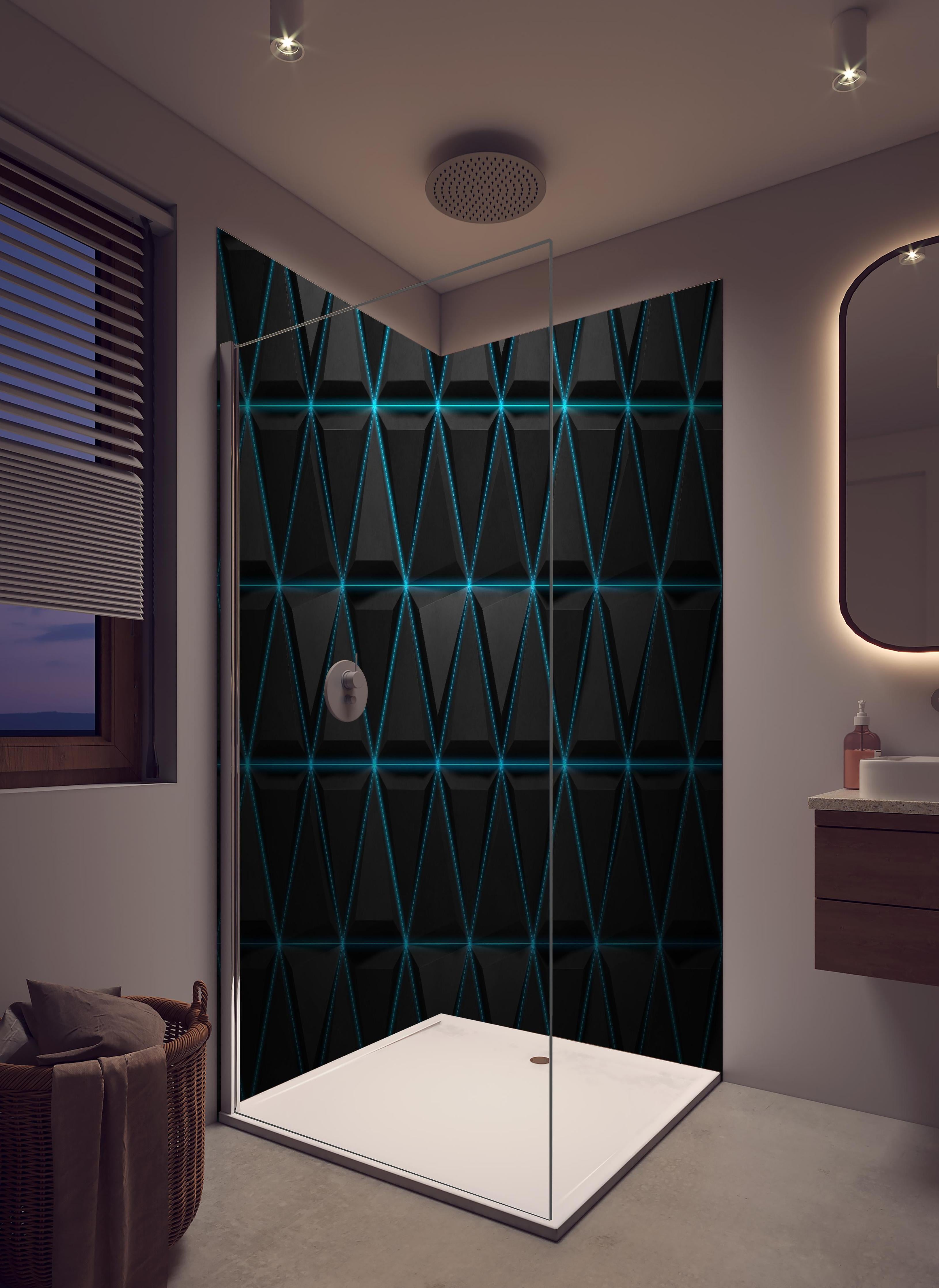 Duschrückwand - 3D Schwarzblaue Linien Muster Textur in hellem Badezimmer mit Regenduschkopf - zweiteilige Eck-Duschrückwand