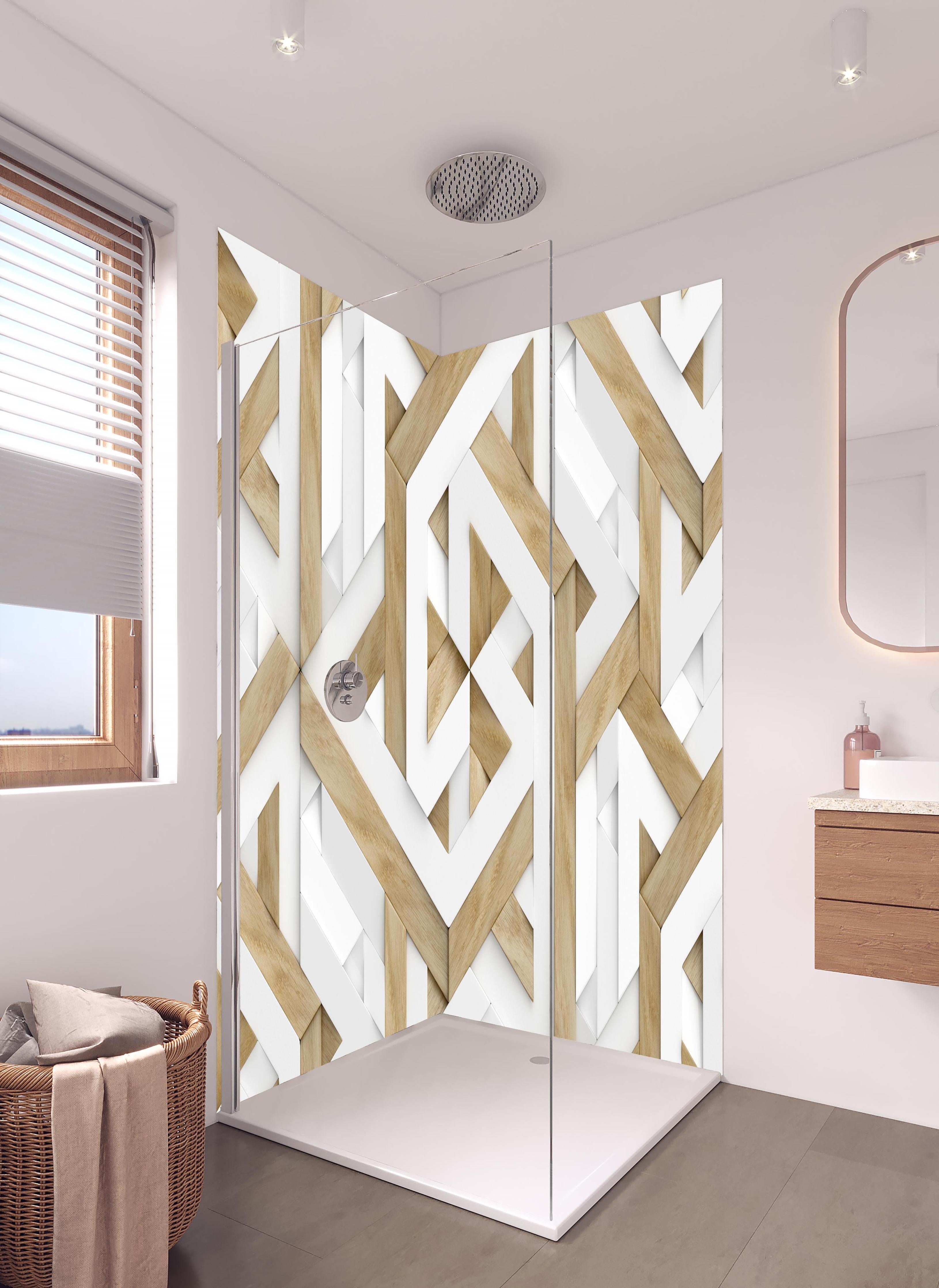 Duschrückwand - 3D Tapete - Mosaik Muster in hellem Badezimmer mit Regenduschkopf - zweiteilige Eck-Duschrückwand