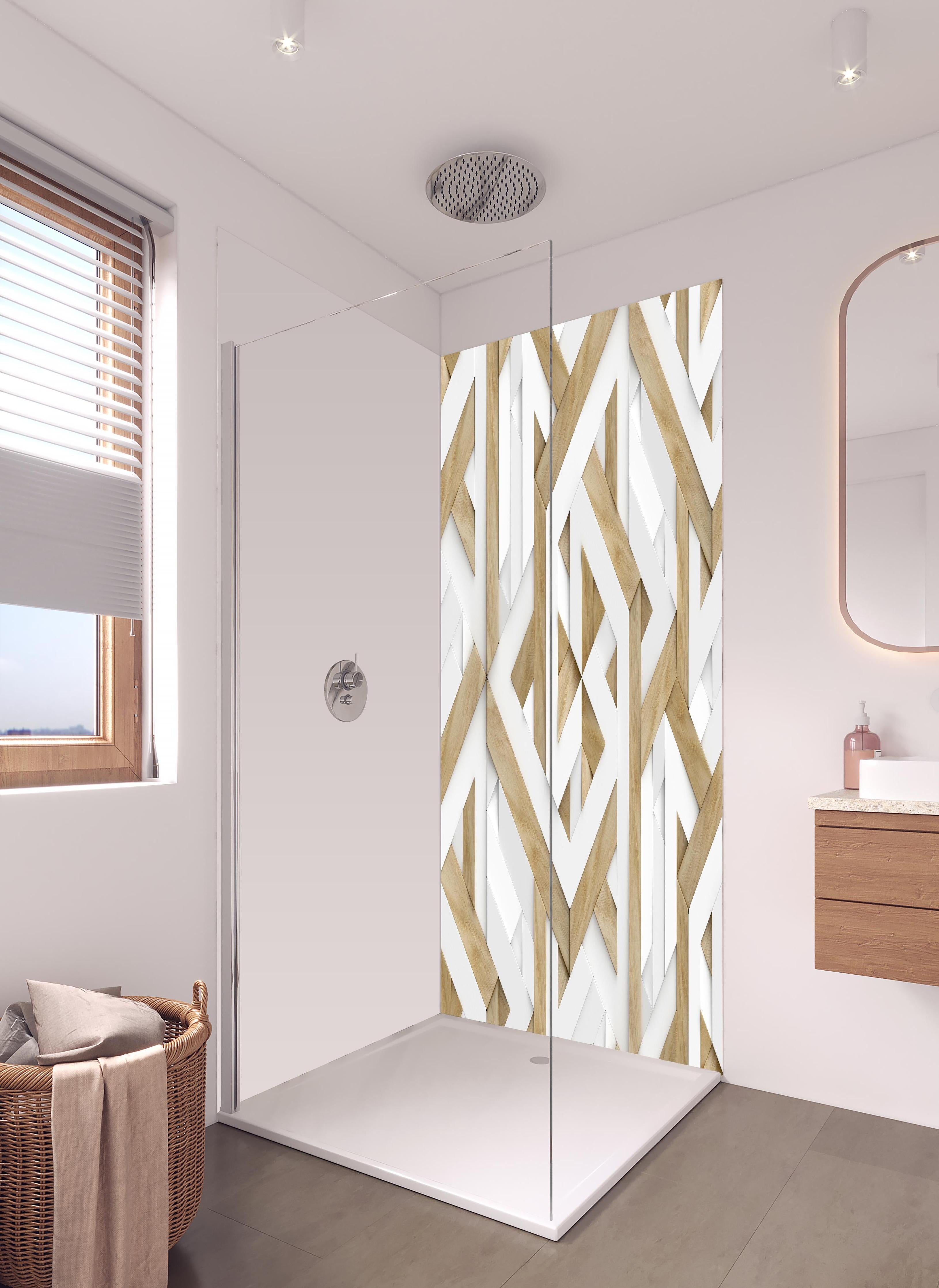 Duschrückwand - 3D Tapete - Mosaik Muster in hellem Badezimmer mit Regenduschkopf - zweiteilige Eck-Duschrückwand