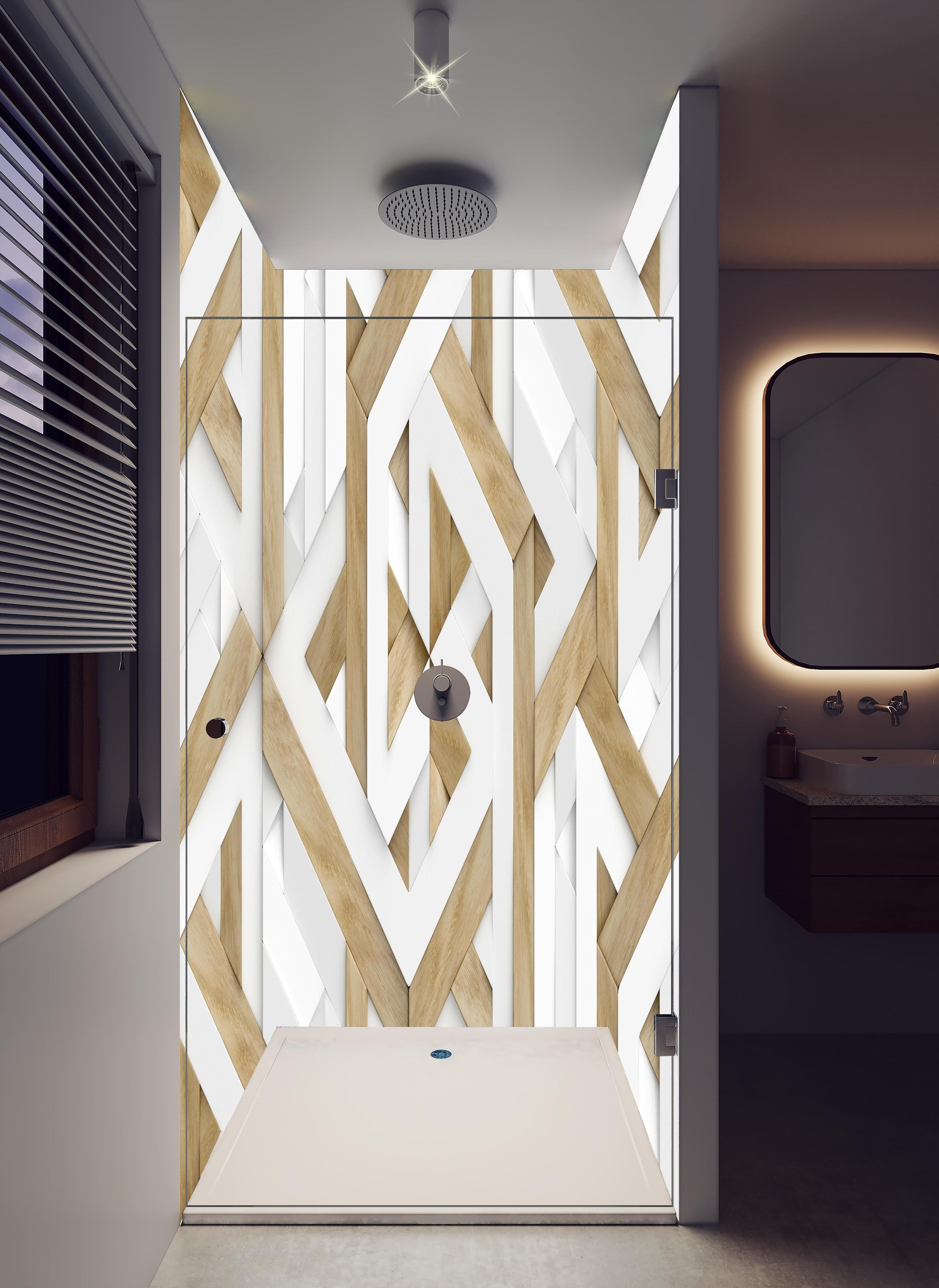 Duschrückwand - 3D Tapete - Mosaik Muster in hellem Badezimmer mit Regenduschkopf - zweiteilige Eck-Duschrückwand