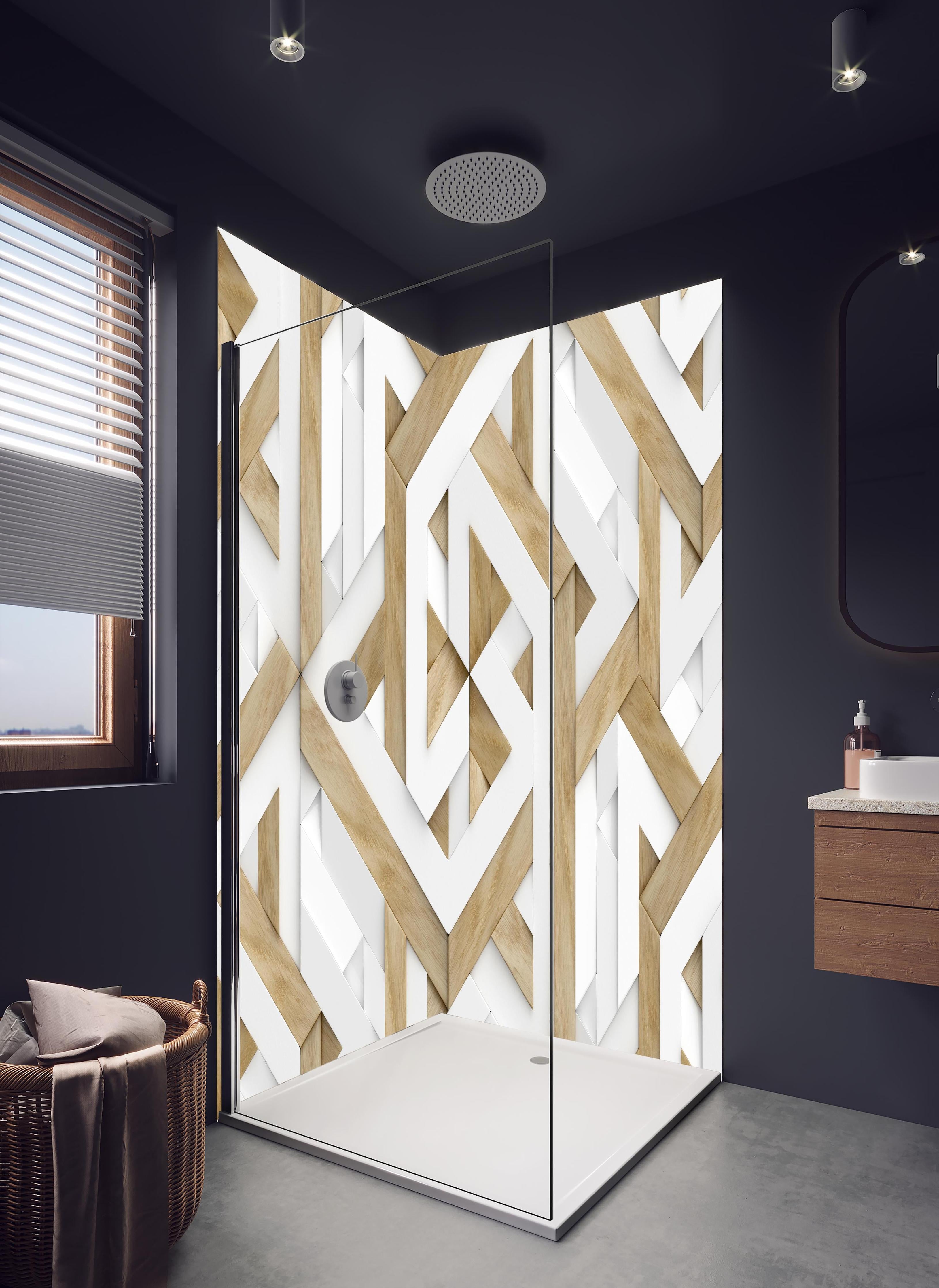 Duschrückwand - 3D Tapete - Mosaik Muster in hellem Badezimmer mit Regenduschkopf - zweiteilige Eck-Duschrückwand