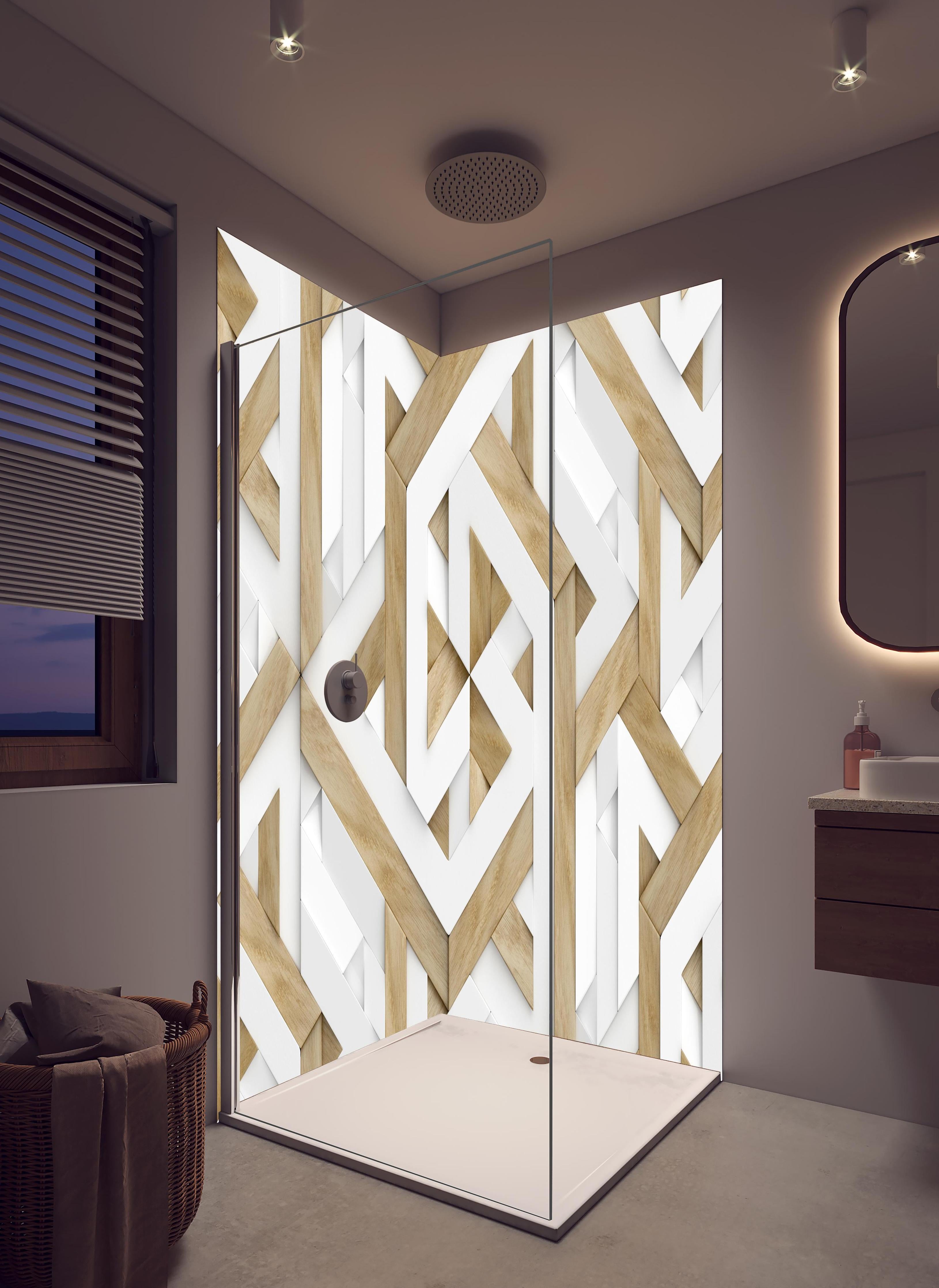 Duschrückwand - 3D Tapete - Mosaik Muster in hellem Badezimmer mit Regenduschkopf - zweiteilige Eck-Duschrückwand