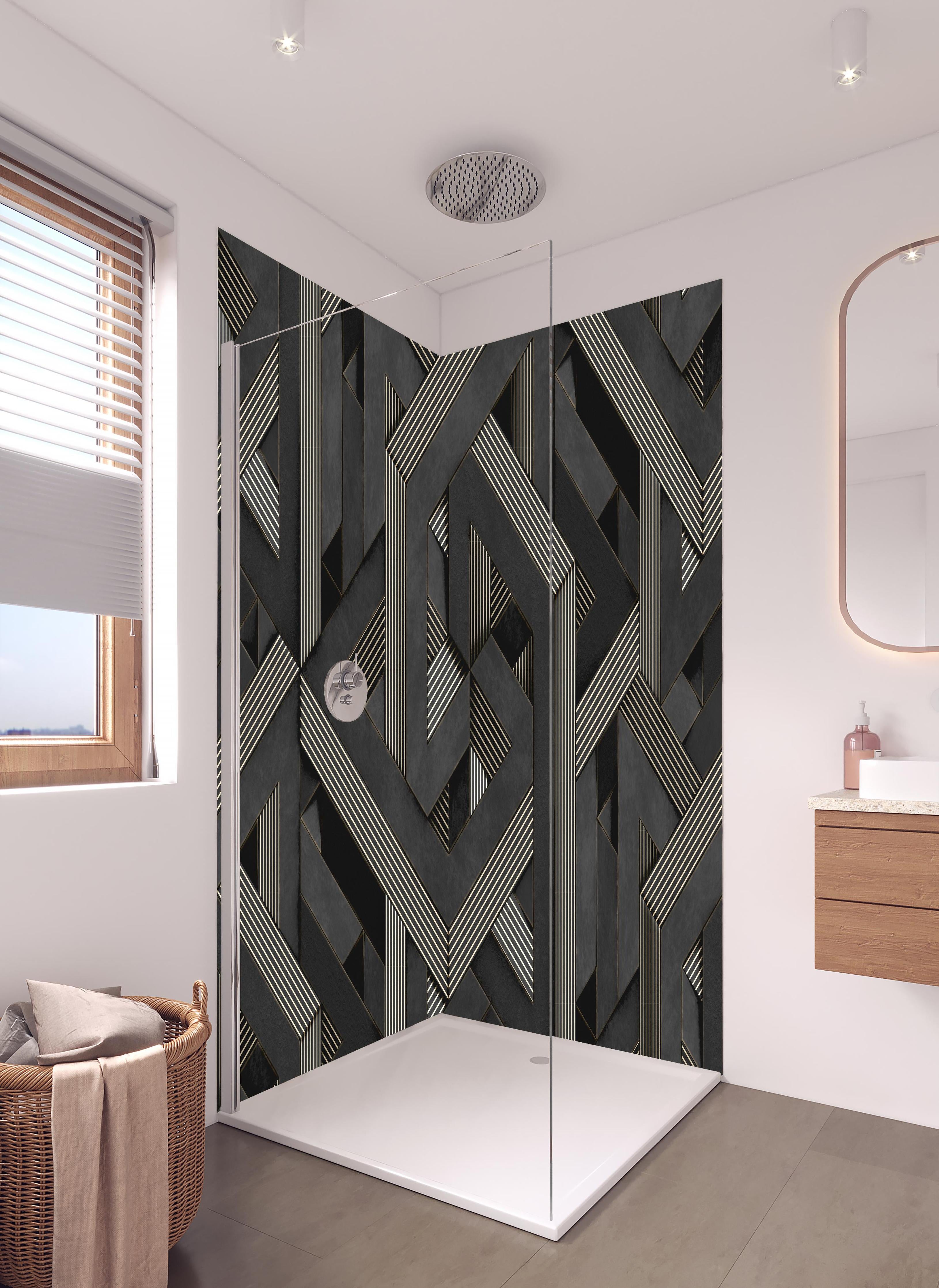 Duschrückwand - 3D Tapeten Muster in hellem Badezimmer mit Regenduschkopf - zweiteilige Eck-Duschrückwand