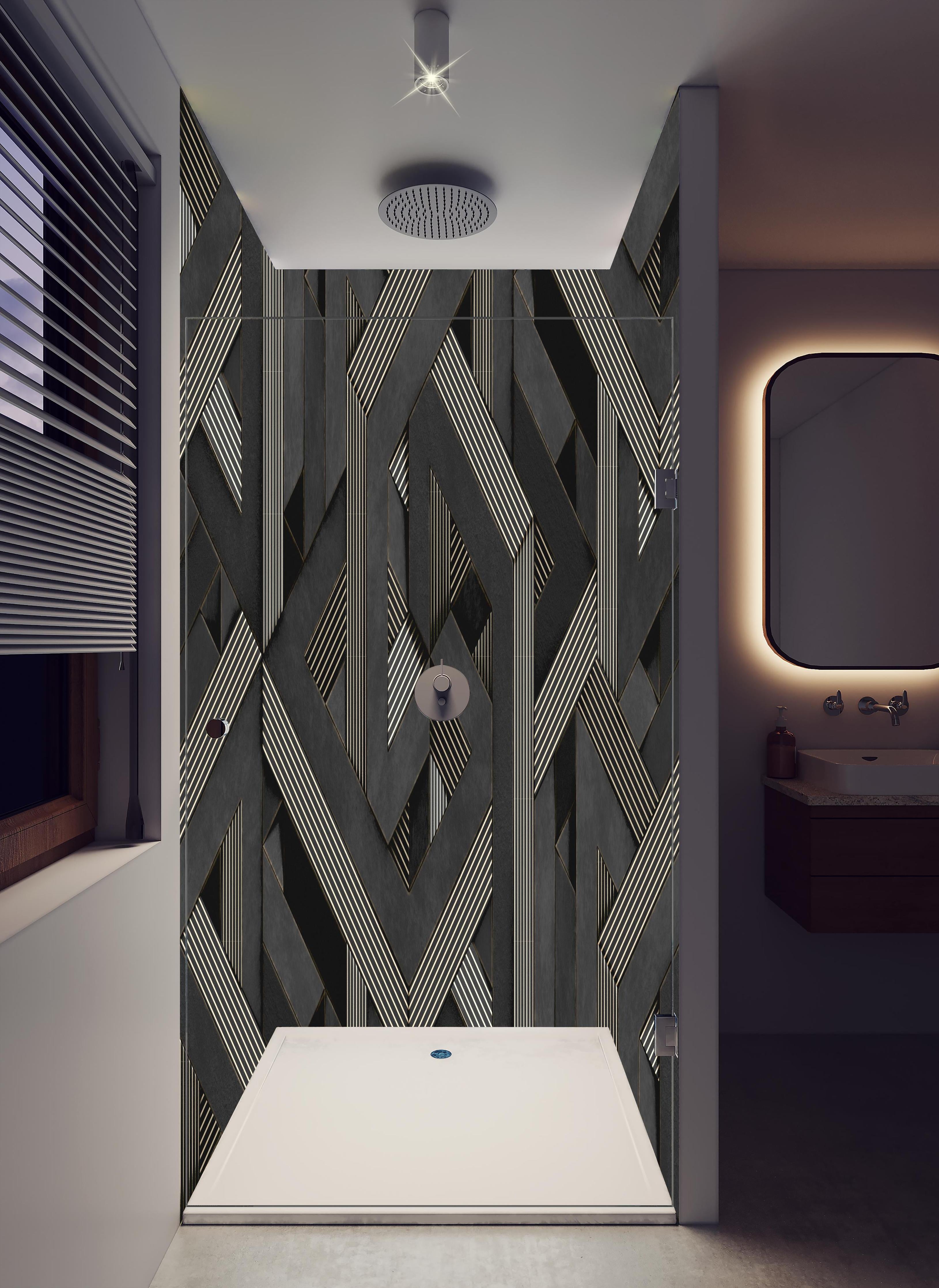 Duschrückwand - 3D Tapeten Muster in hellem Badezimmer mit Regenduschkopf - zweiteilige Eck-Duschrückwand