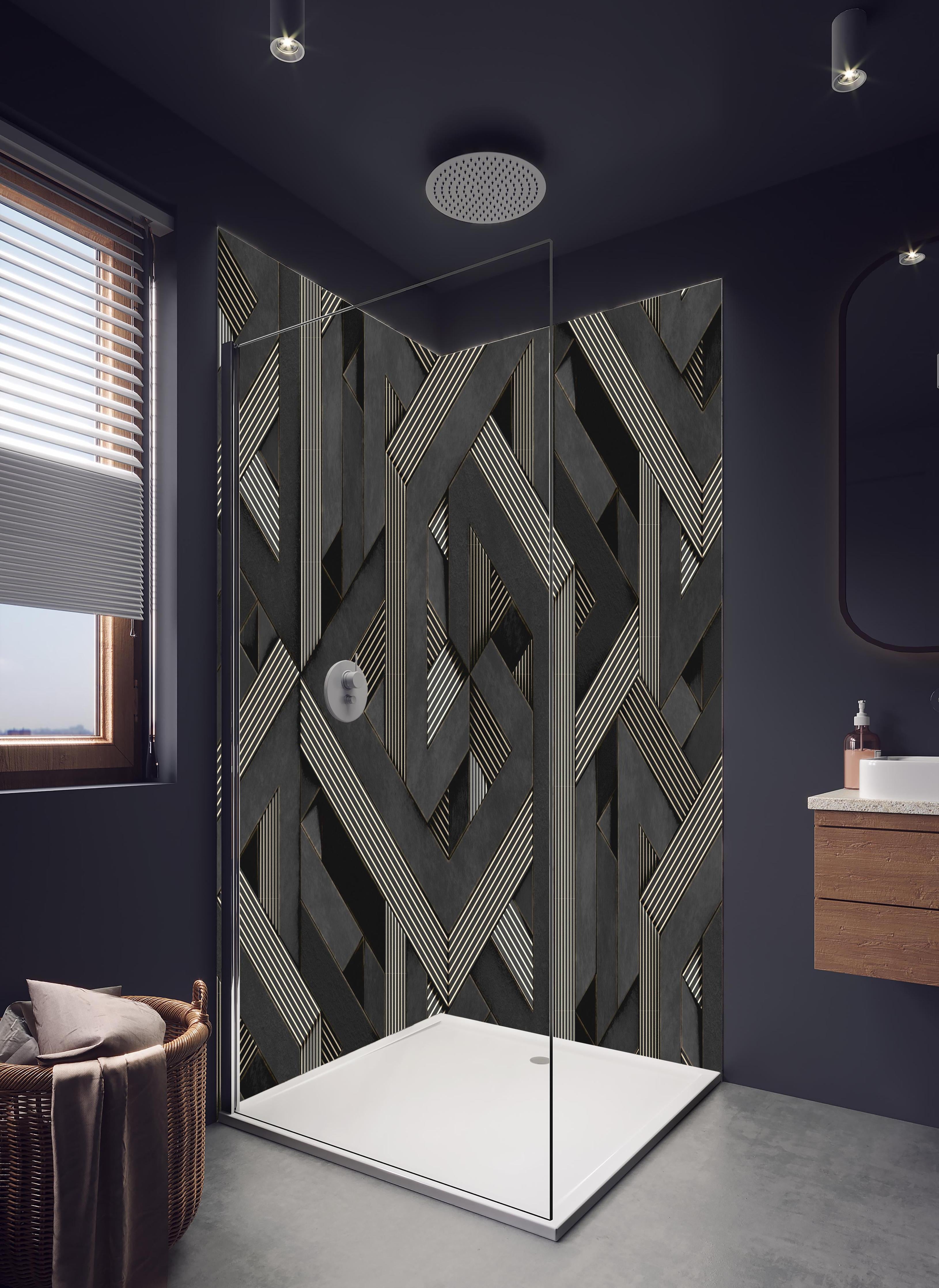 Duschrückwand - 3D Tapeten Muster in hellem Badezimmer mit Regenduschkopf - zweiteilige Eck-Duschrückwand